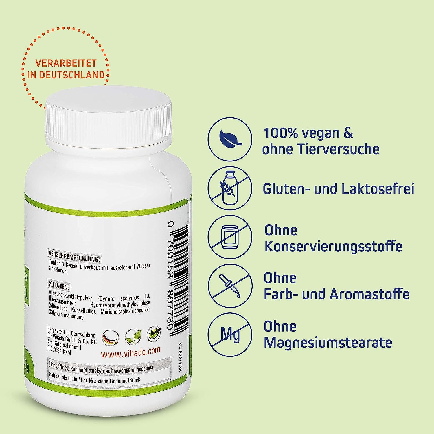 Weiße Flasche mit Kapseln. Aufschrift: Zutaten, Verzehrempfehlung. Logo: Vihado. Etikett mit Informationen zu Inhaltsstoffen und Eigenschaften.