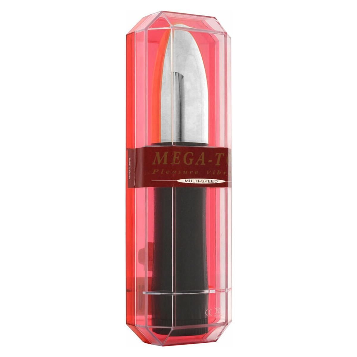 Vibrator in roter, transparenter Verpackung. Produktname "Mega-T" sichtbar.