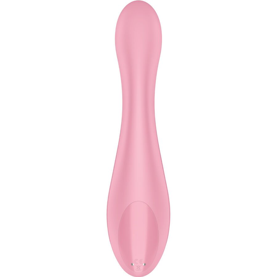 Rosa Vibrator mit länglicher Form. Abgerundete Spitze. Glatte Oberfläche.