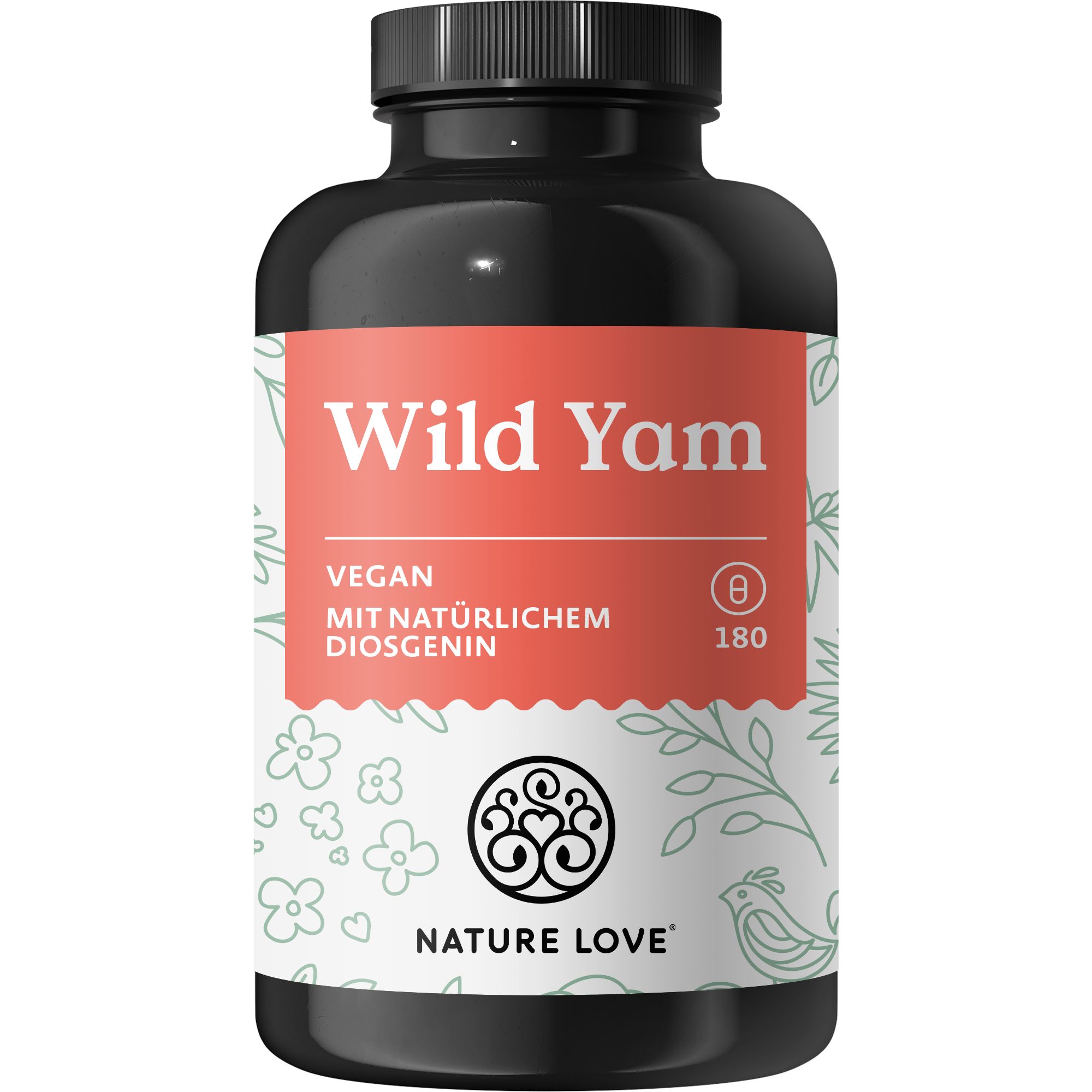 Schwarze Flasche mit rotem Etikett. Aufschrift "Wild Yam" und "NATURE LOVE". Vegan. Mit Diosgenin. 180 Kapseln.