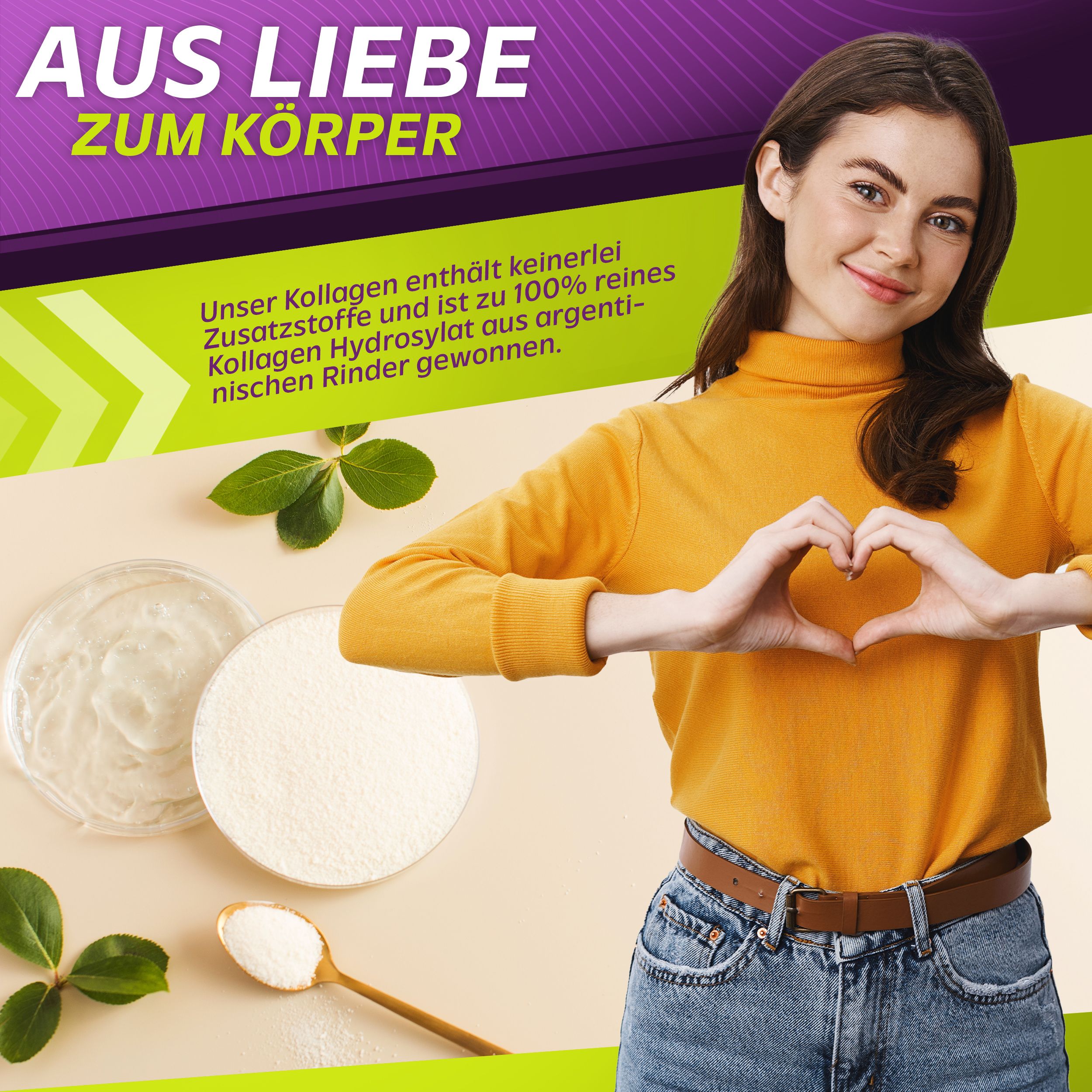 Frau mit Herzgeste, Collagen Pulver in Schalen und Löffel. Text: Aus Liebe zum Körper, Vita2You, reines Kollagen Hydrosylat.