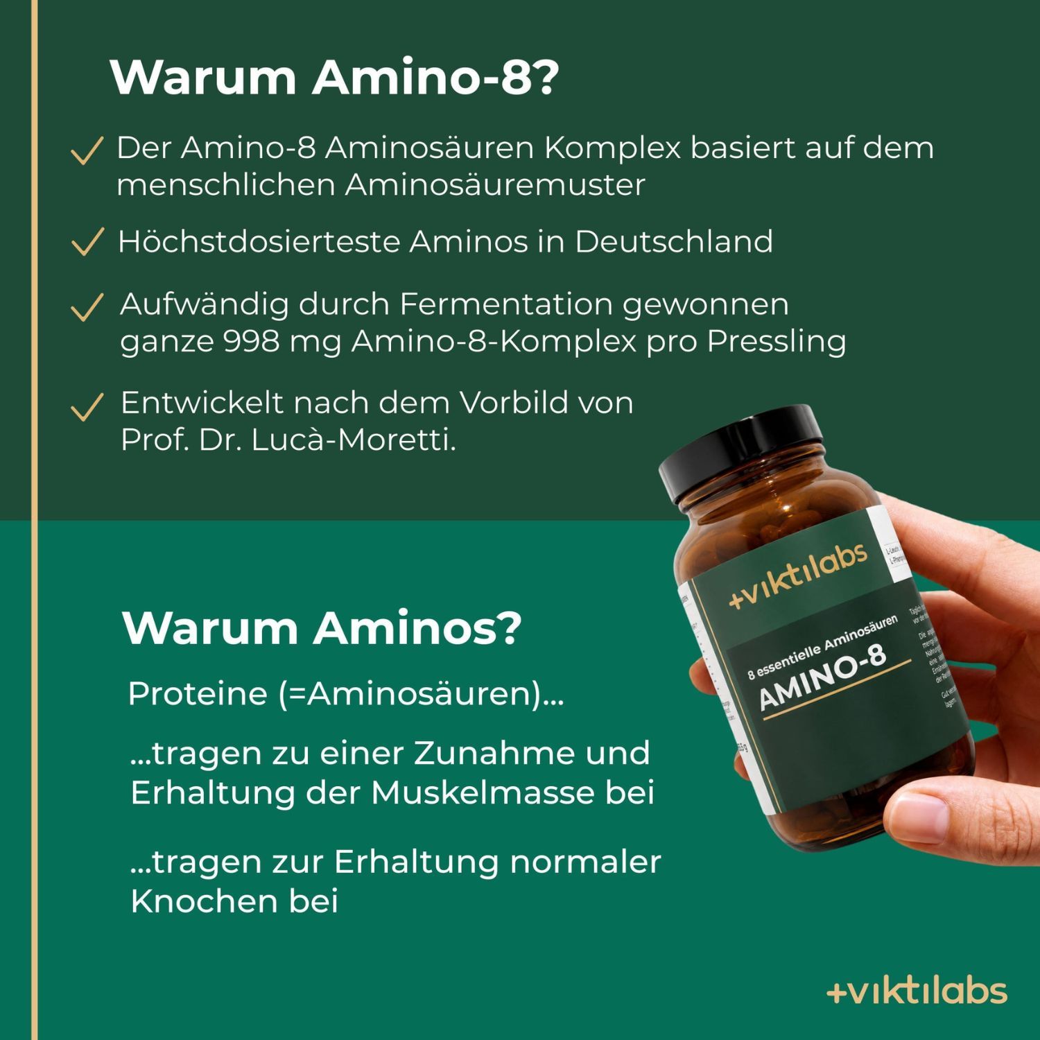 Viktilabs Amino-8 Flasche in der Hand, mit Text über Aminosäuren.