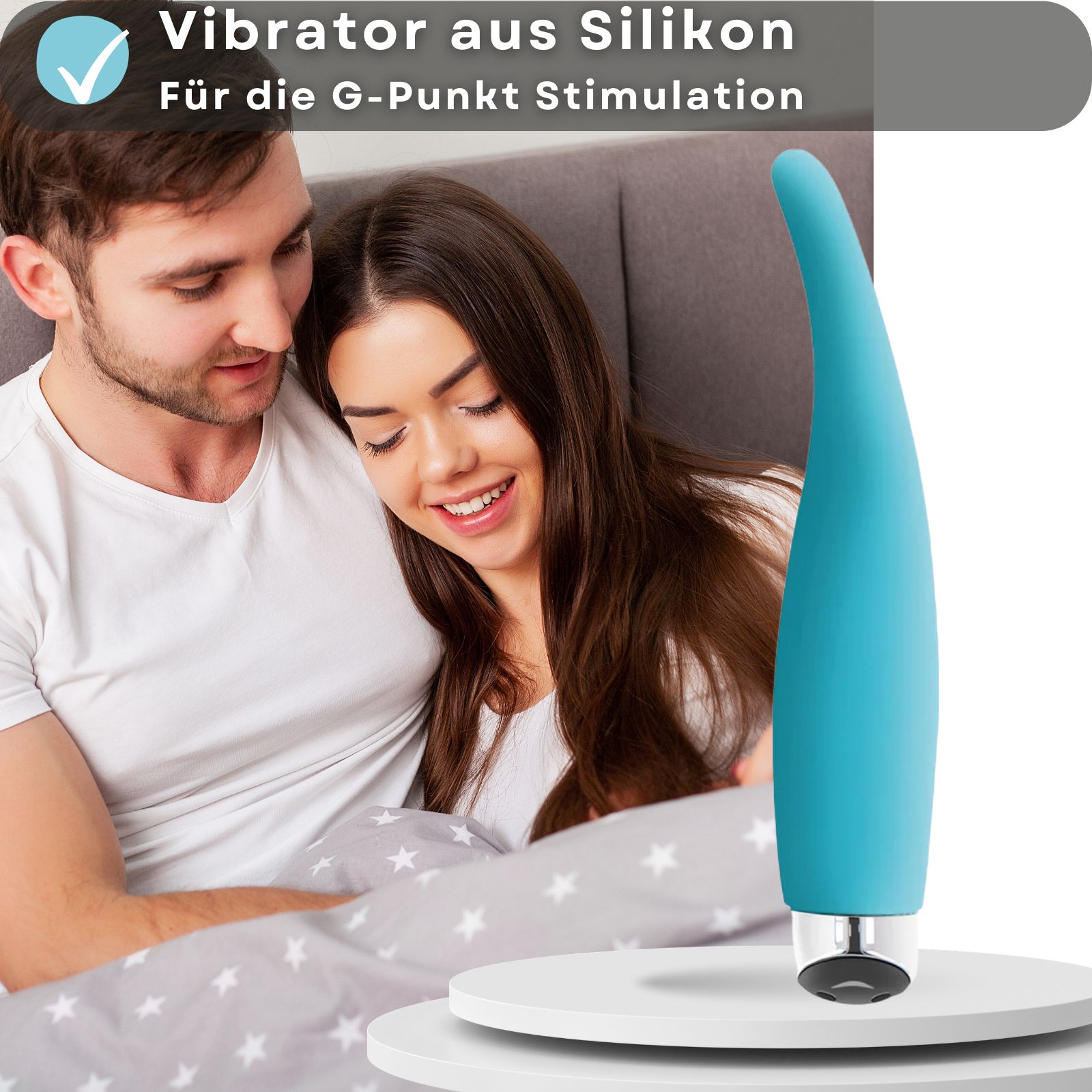 Blauer Vibrator. Text: Vibrator aus Silikon, für G-Punkt Stimulation.