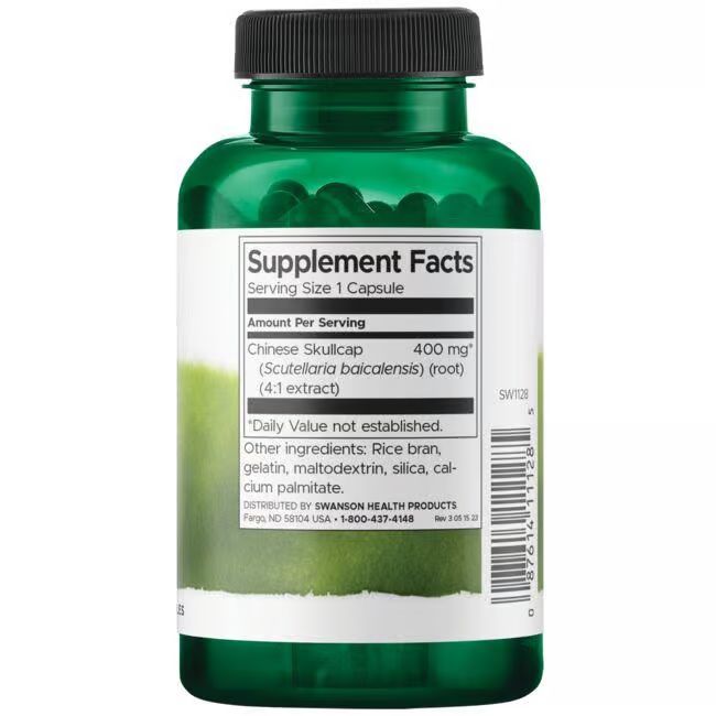 Rückseite einer grünen Flasche. Etikett mit "Supplement Facts", Inhaltsstoffen und Nährwertangaben. Text in Englisch.