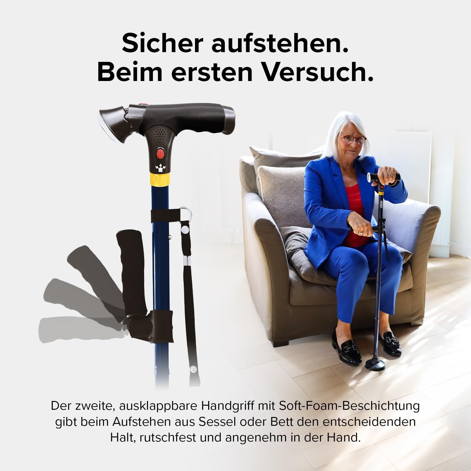 DR-HO'S Get Up & Go Gehstock mit LED-Licht, Alarmknopf & 4-Punkt-Standfuß