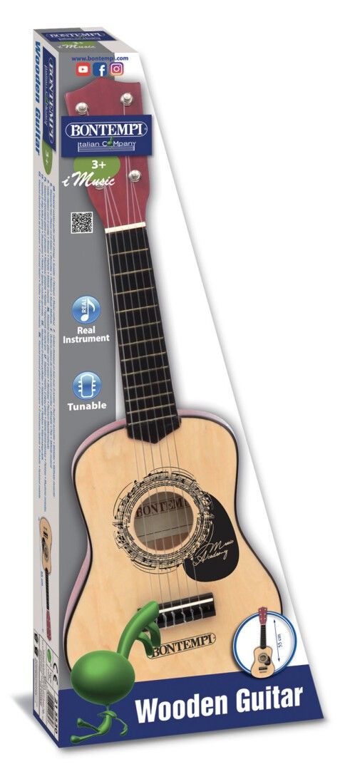 Holzgitarre in Verpackung. Marke Bontempi. Aufdruck: i Music, 3+. Mit Aufkleber: Real Instrument, Tunable.