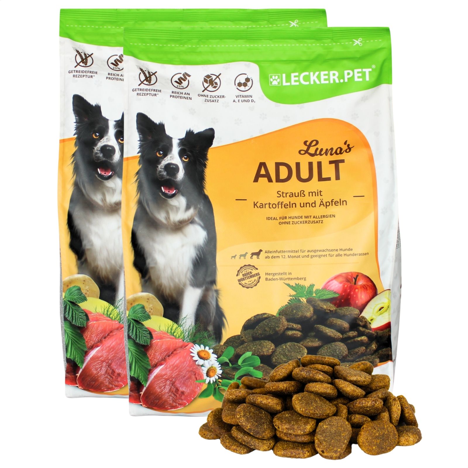 Lecker.Pet® Luna's Adult Strauß mit Kartoffel & Apfel Hundefutter Trockenfutter Vollnahrung 8 kg Nicht relevant
