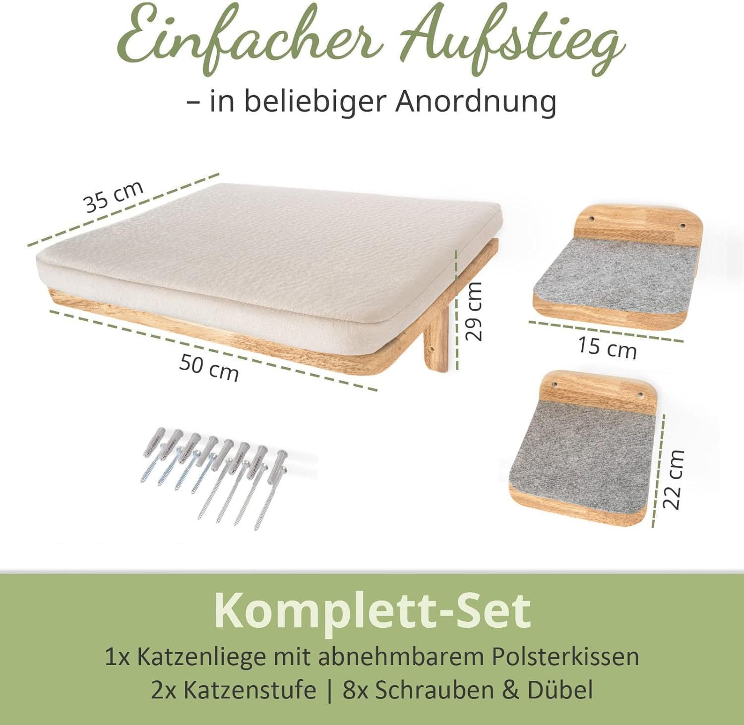 WOOWOOD® Kletterwand für Katzen aus Massivholz inkl. 2 Katzentreppen und Katzenbett