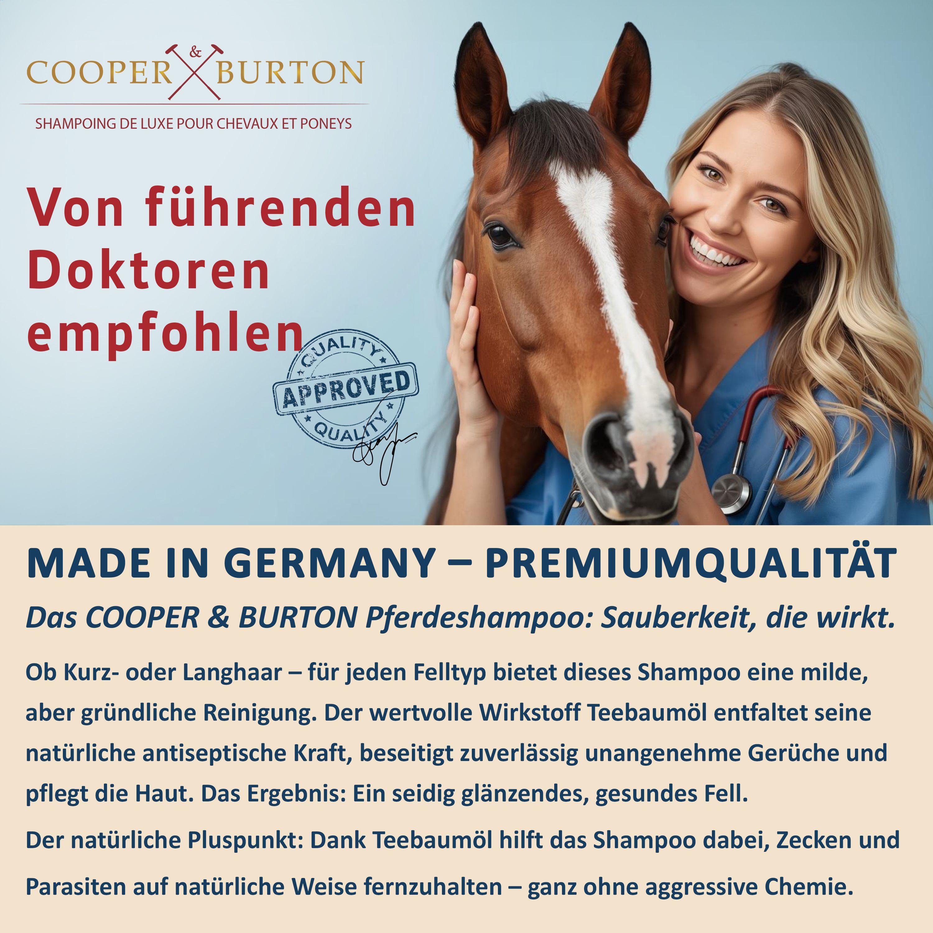 Frau mit Pferd. Text: COOPER & BURTON, Premium Teebaumöl Pferdeshampoo. Von führenden Doktoren empfohlen. Made in Germany. Qualitätssiegel.