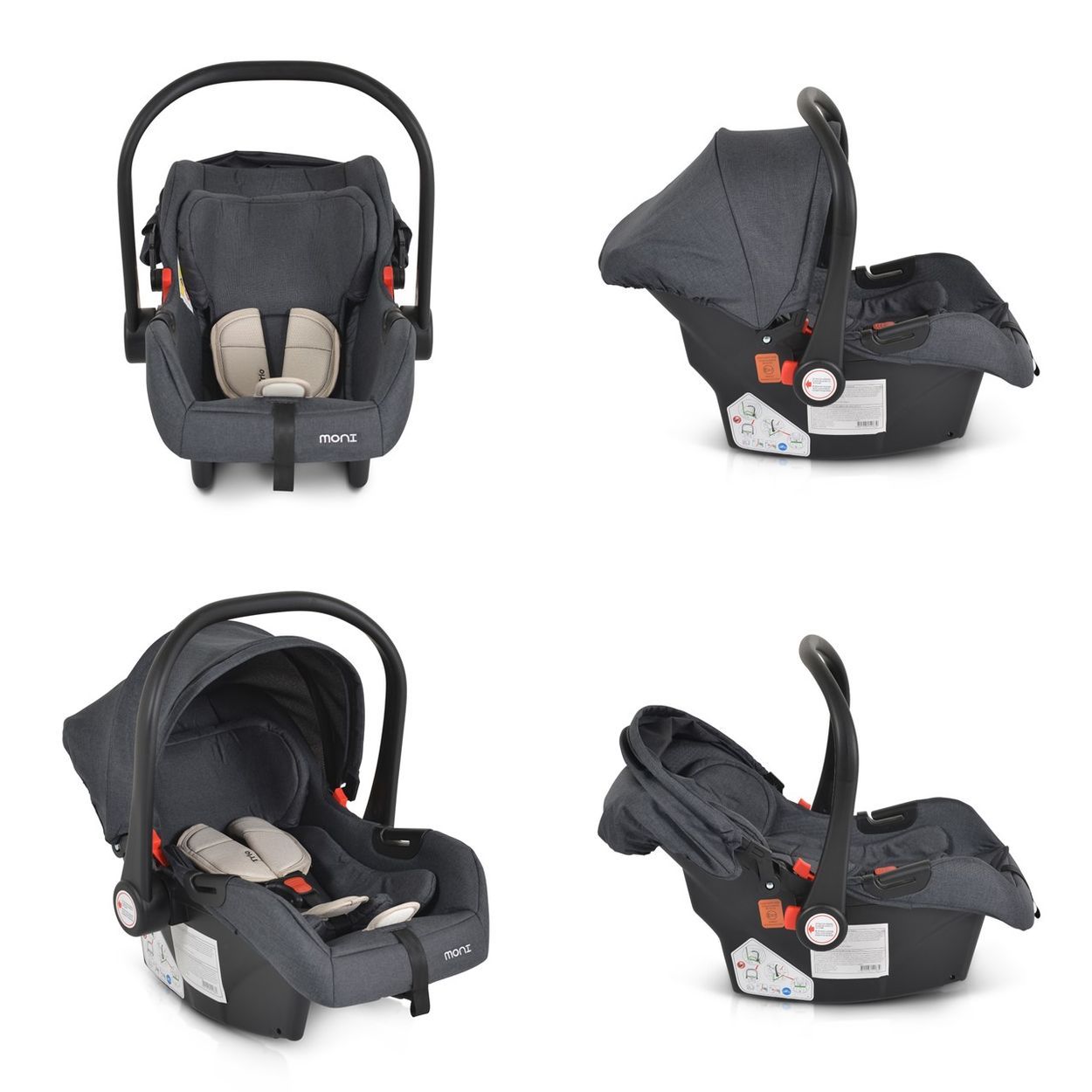 Babyschale mit rosa Verdeck und Sitzpolsterung. Mehrere Ansichten.