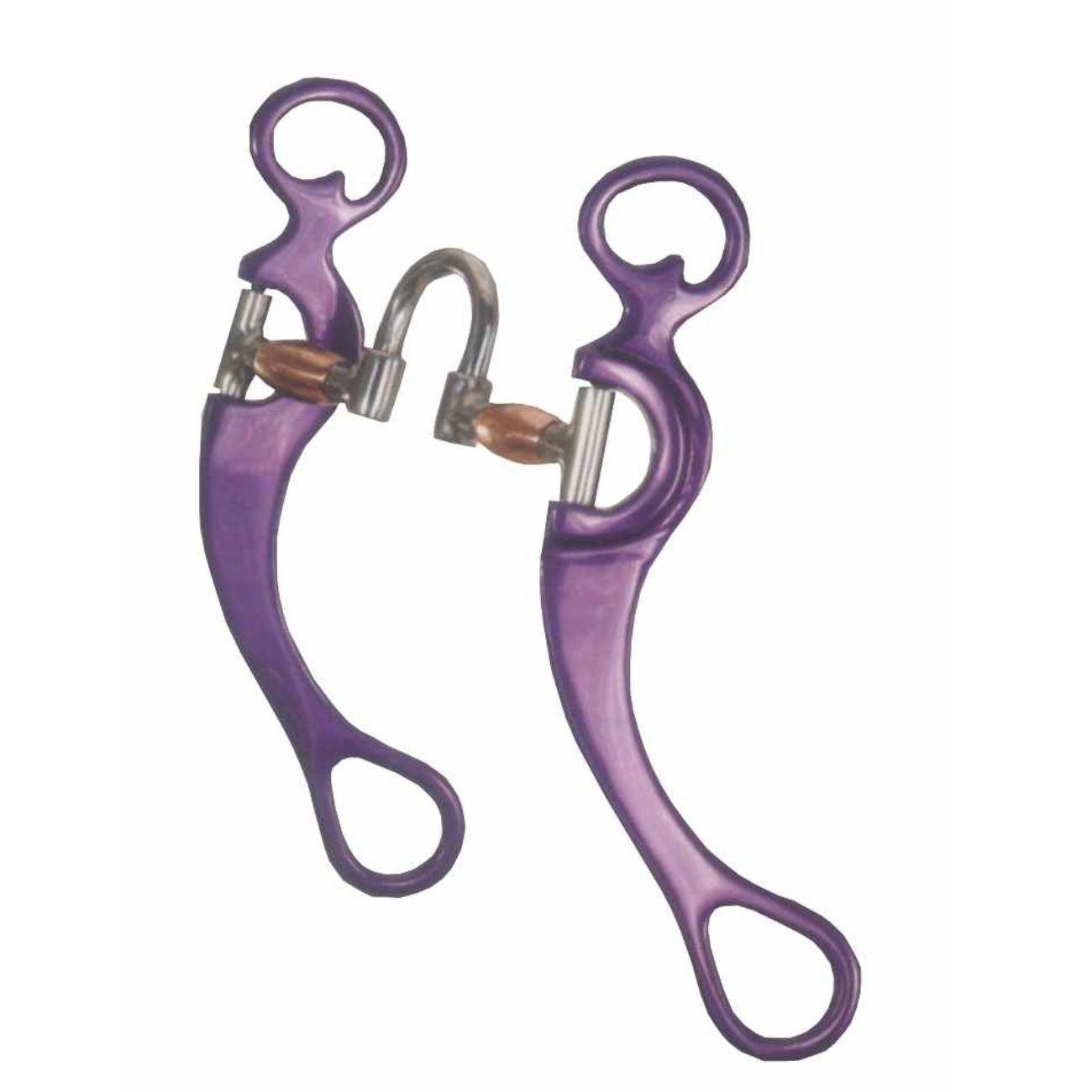 Zwei lila Westerngebisse mit Metall-Mundstück. Gebogene Form mit Ring an jedem Ende. Ohne Mundstück.