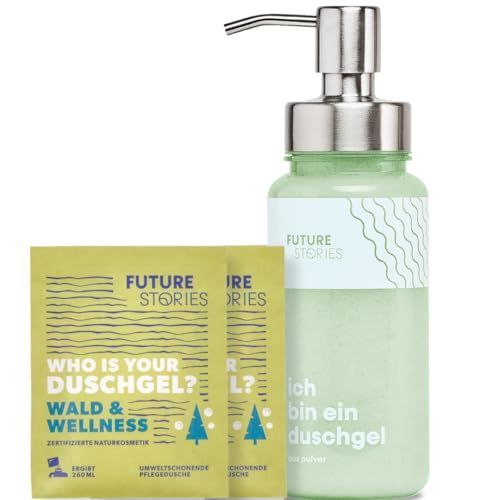 Grüne Glasflasche mit Pumpe, zwei Sachets. Auf einem Sachet steht "Wald & Wellness".