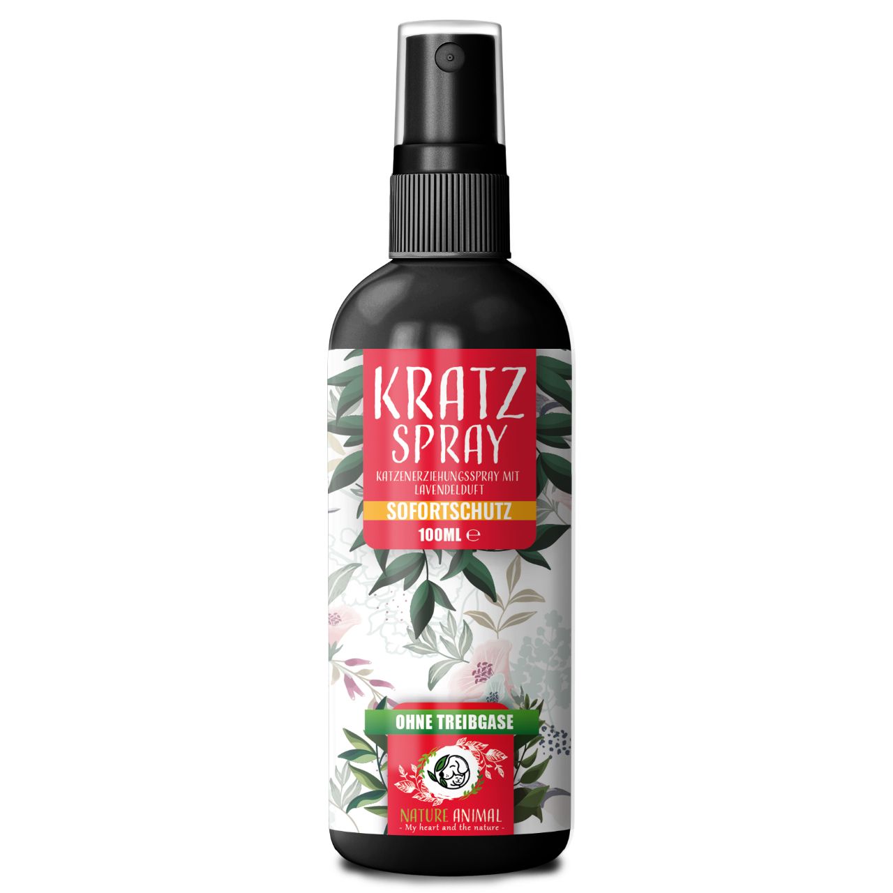 Schwarze Sprühflasche mit weißem Etikett. Aufschrift: KRATZ SPRAY, SOFORT SCHUTZ, 100ml. Floralmuster. Logo: Hund und Katze.