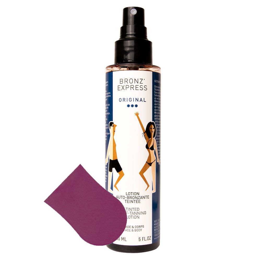 Flasche mit Sprühkopf und Applikator. Aufschrift: Bronz' Express Original. Abbildung von Personen. Violett Applikator.