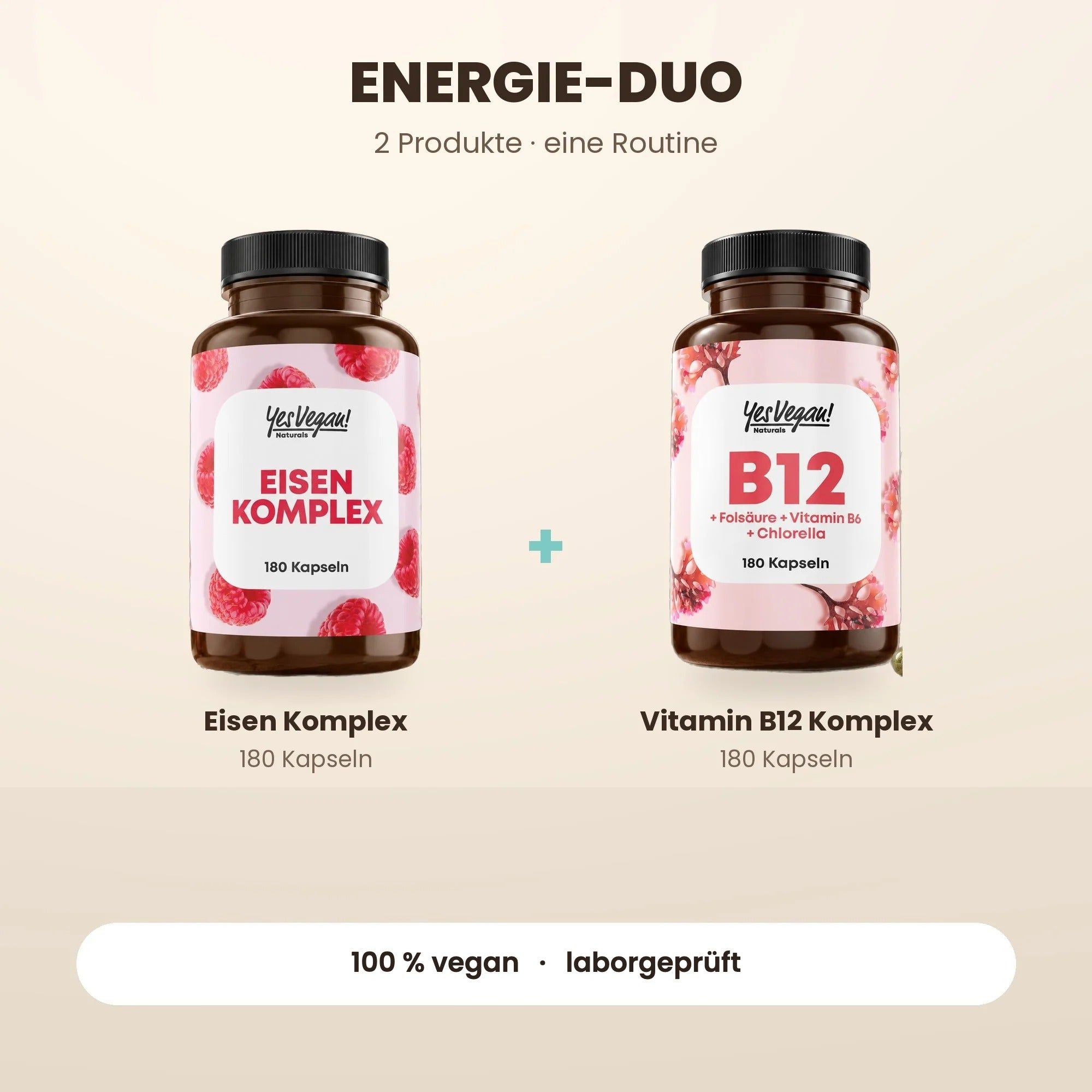 Zwei Flaschen YesVegan! Nahrungsergänzungsmittel: Eisen Komplex und Vitamin B12 Komplex, jeweils 180 Kapseln.