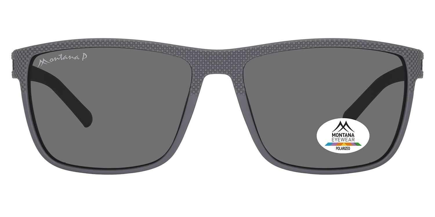 Graue Montana Eyewear Sonnenbrille. Rechteckige Form, dunkle Gläser. Logo und Polarized-Aufkleber. Schwarze Bügel.