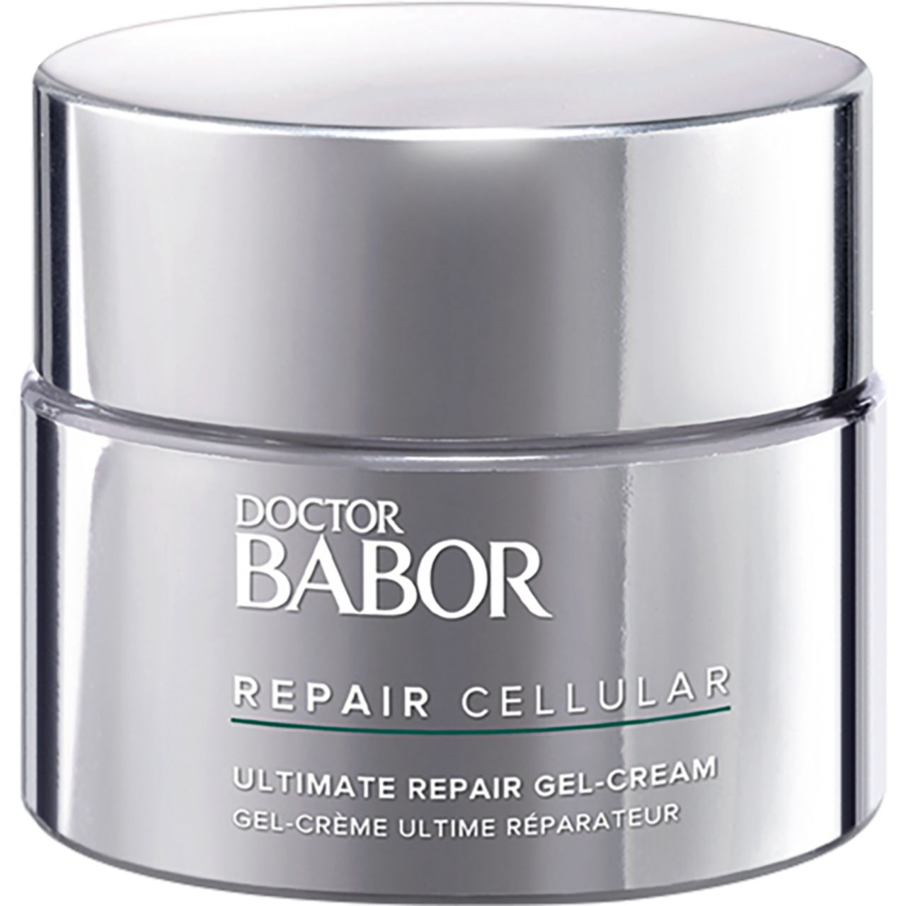 Silberfarbener Tiegel mit Schraubverschluss. Aufschrift: Doctor Babor, Repair Cellular, Ultimate Repair Gel-Cream.