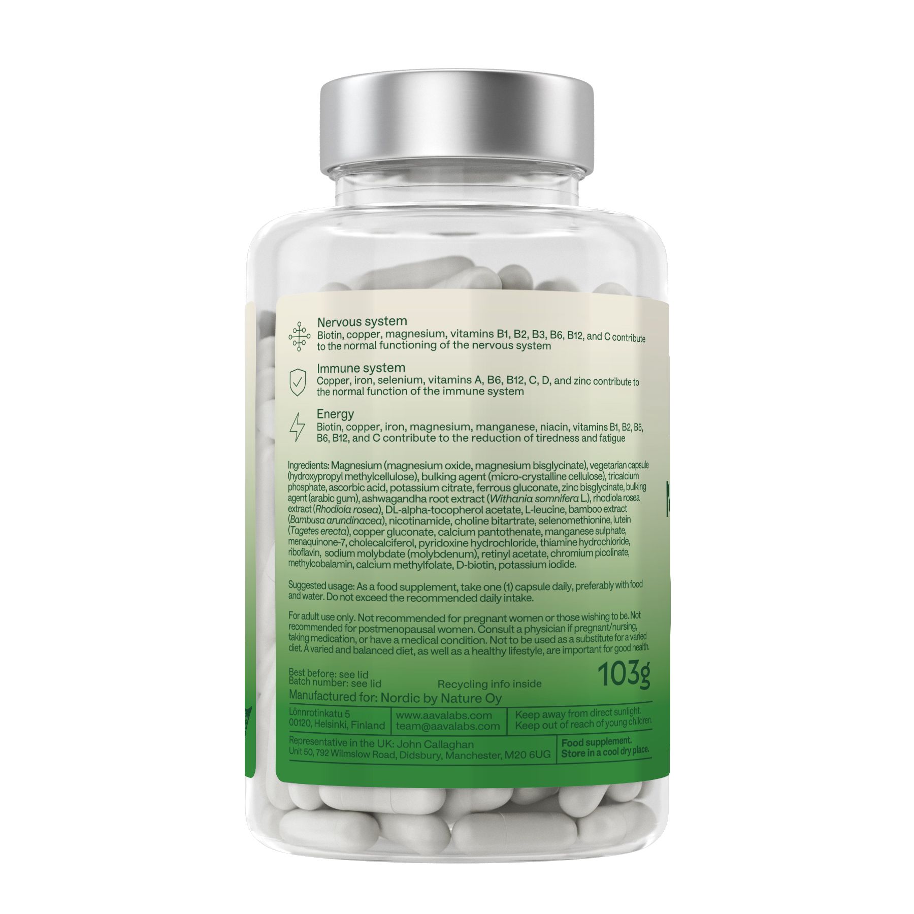 Rückseite der Flasche mit Inhaltsstoffen und Informationen. Gewicht: 103g. Enthält Magnesium, Zink, etc.