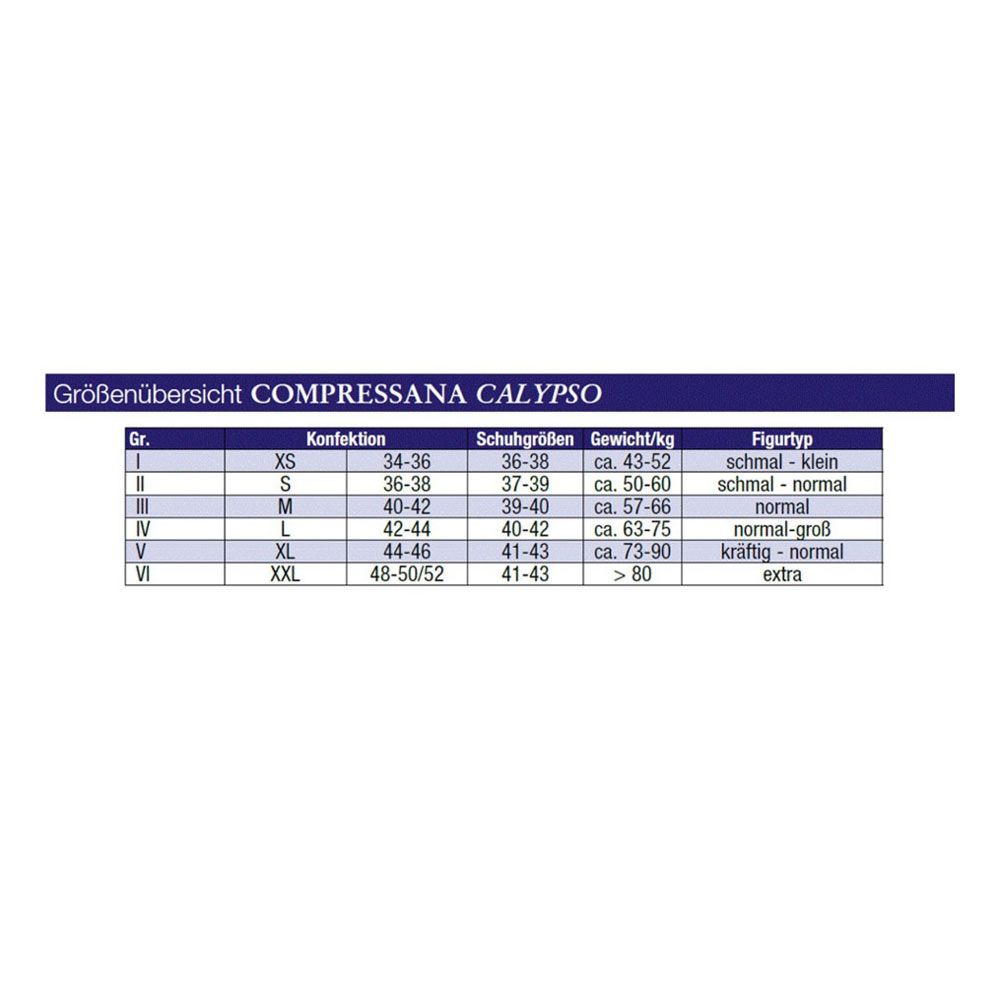 Größentabelle für Compressana Calypso Schenkelstrümpfe.