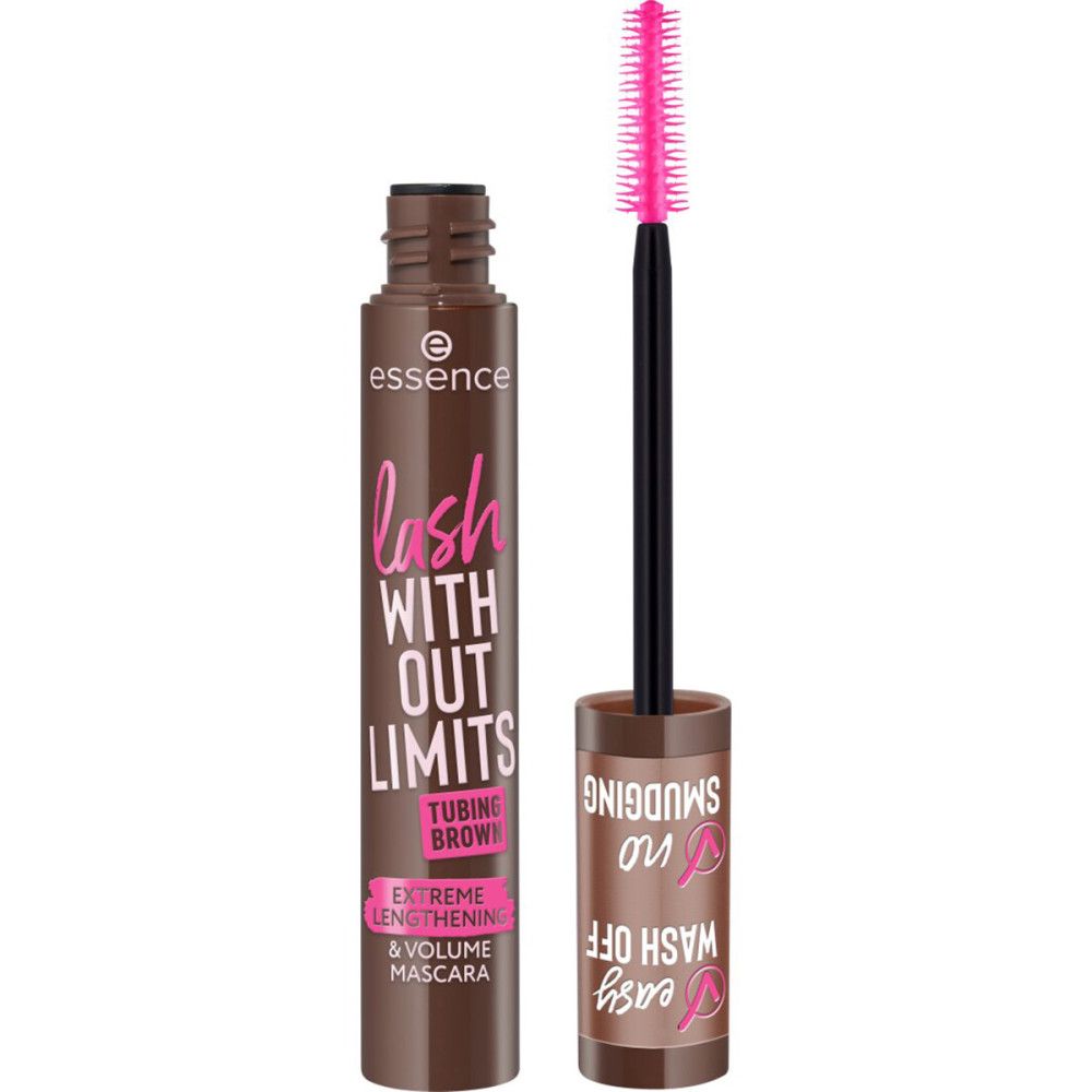 Geöffnete braune Mascarahülse mit rosa Schriftzug "lash WITH OUT LIMITS". Rosa Bürste. Text: "easy WASH OFF", "no SMUDGING", "EXTREME LENGTHENING & VOLUME MASCARA".