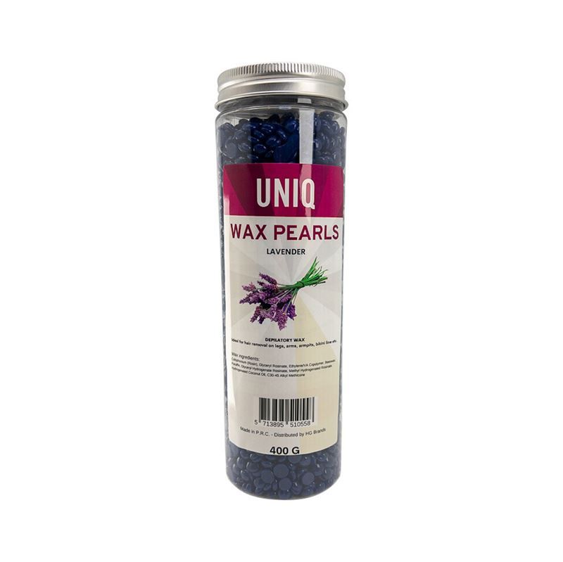 Zylinderförmige Dose mit Wachsperlen. Aufschrift: UNIQ Wax Pearls, Lavendel. Inhalt: 400 g.