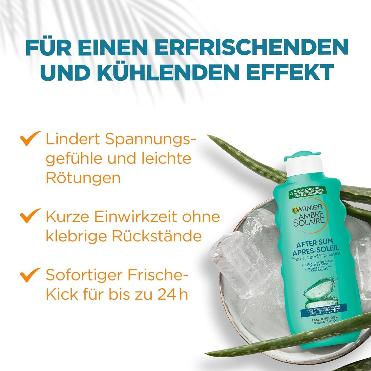 Garnier Ambre Solaire After Sun. Flasche mit Eiswürfeln und Aloe Vera. Text: Lindert Rötungen, kurze Einwirkzeit, sofortige Frische.