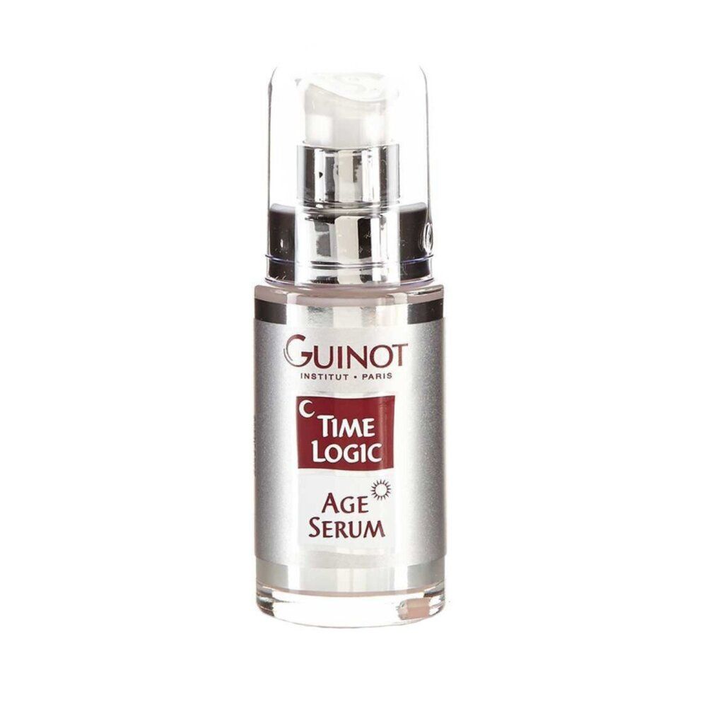 Serumflasche mit Pumpe. Aufschrift: Guinot, Time Logic Age Serum. Silberne Flasche.