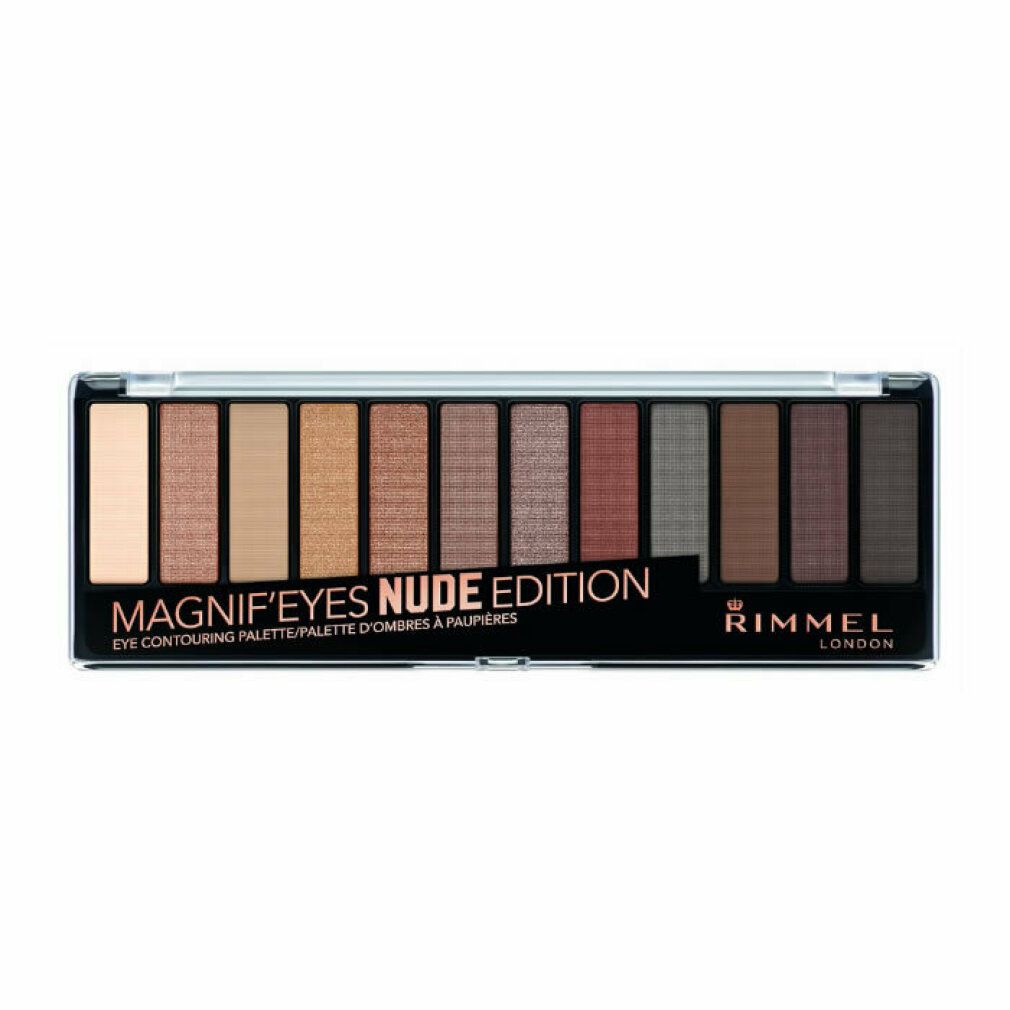 Lidschatten-Palette, Nude Edition, 12 Farbtöne. Schwarze Verpackung mit transparentem Deckel. Rimmel Logo.