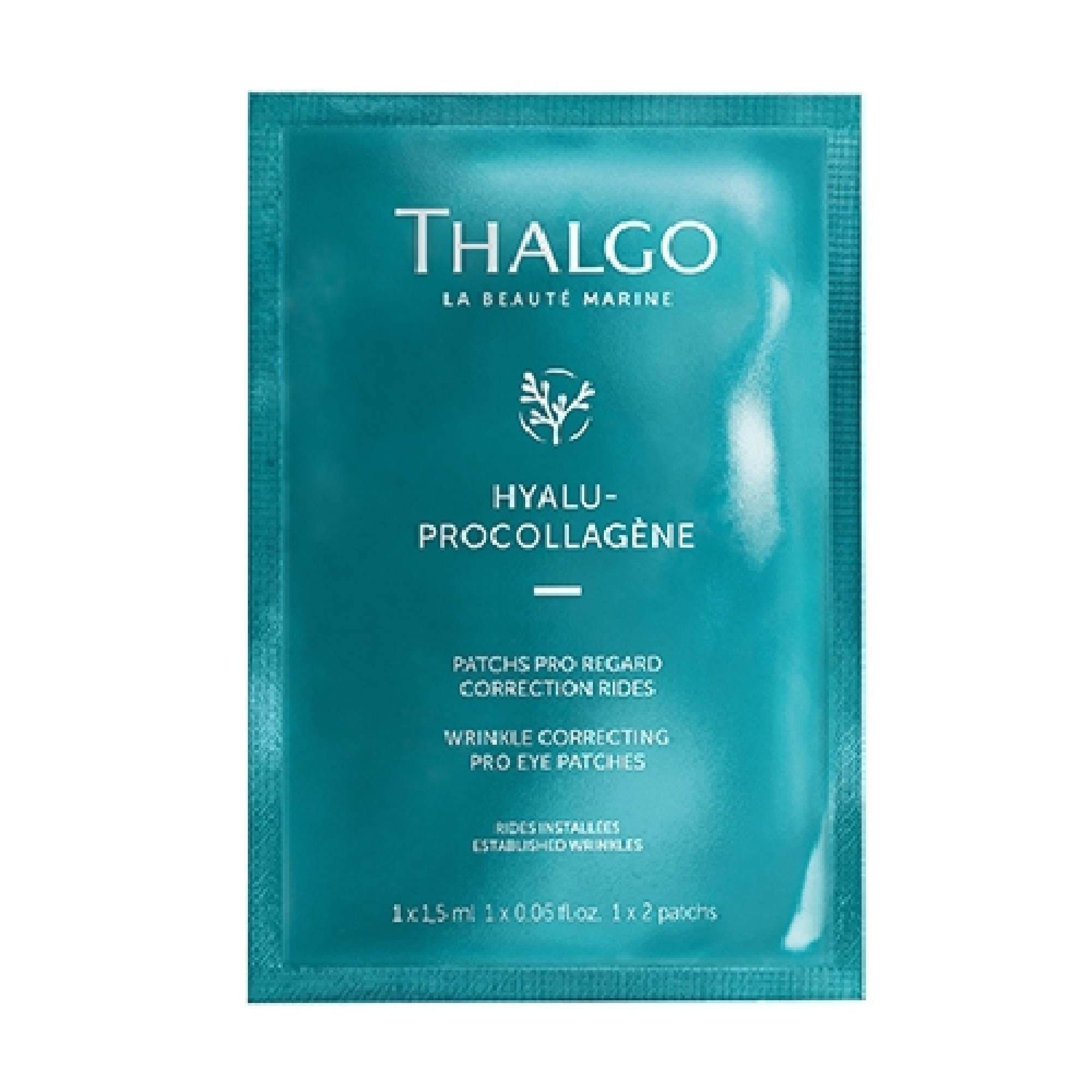 Türkisgrüne Einzelverpackung mit Produktnamen und Schriftzug. Enthält Augenpads. Text: Hyalu-Procollagène, Patches pro regard.