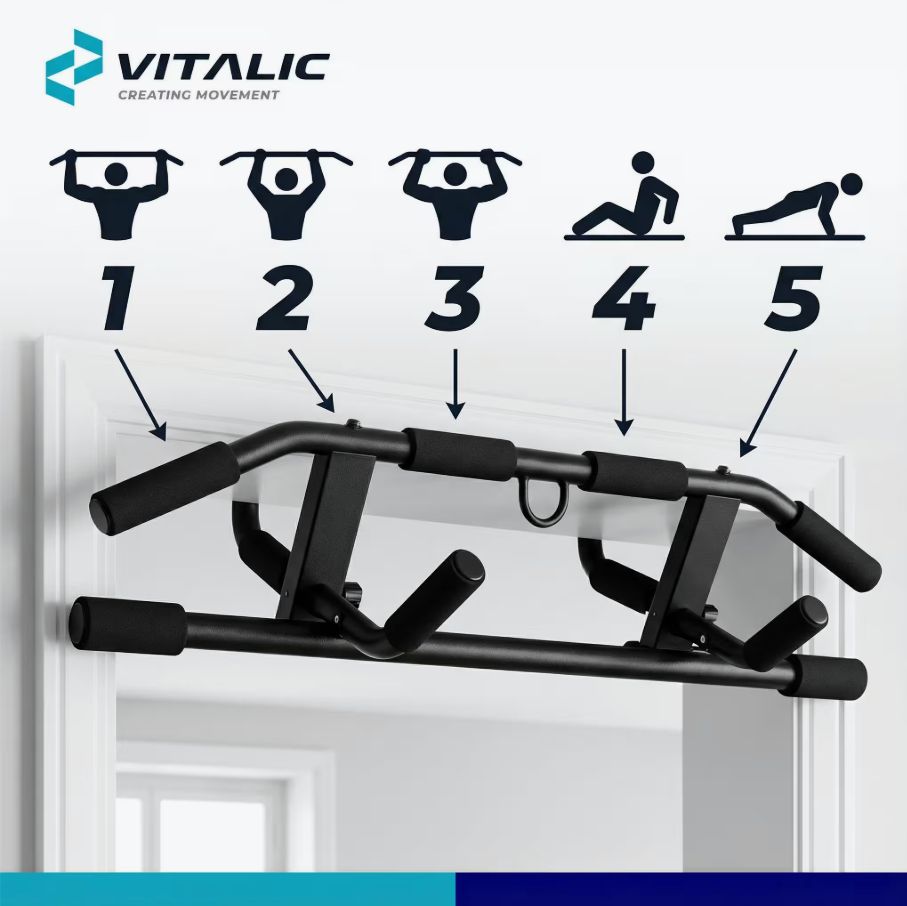 Klimmzugstange für Türrahmen. Schwarze Metallkonstruktion mit blauen Griffen. 5 Übungsvarianten dargestellt. VITALIC Logo.