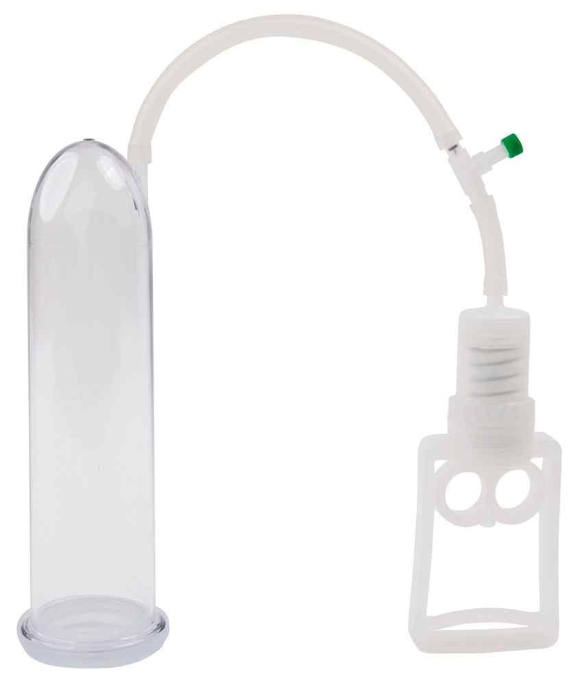Transparenter Zylinder, weißes Zubehör, grüner Anschluss. Schlauchverbindung. Produkt ohne Verpackung.