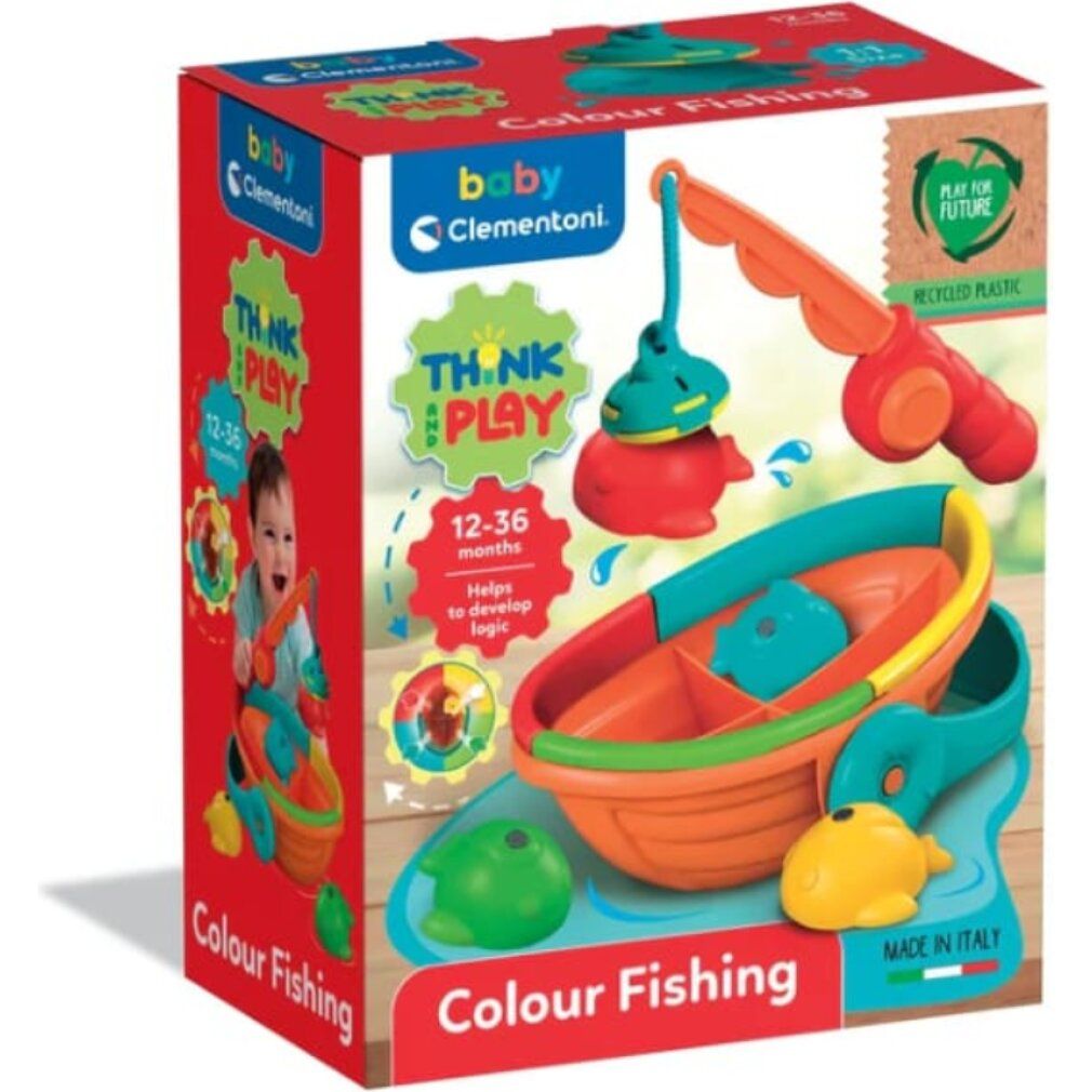 Verpackung des Angelspielzeugs. Enthält Boot, Angelrute und Fische. Marke Clementoni, Text: Colour Fishing.