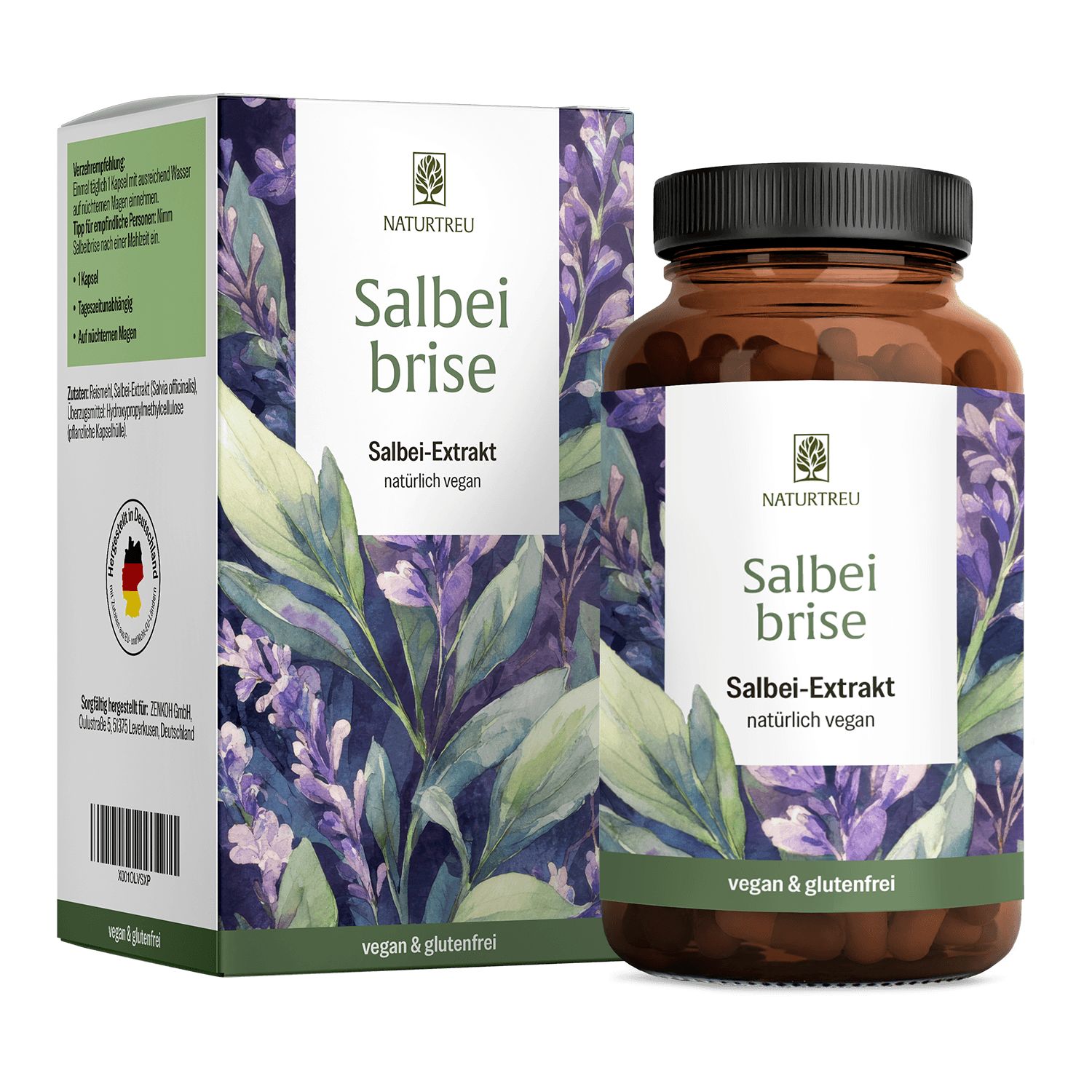 NATURTREU Salbei Extrakt Kapseln mit Verpackung. Vegan & glutenfrei.