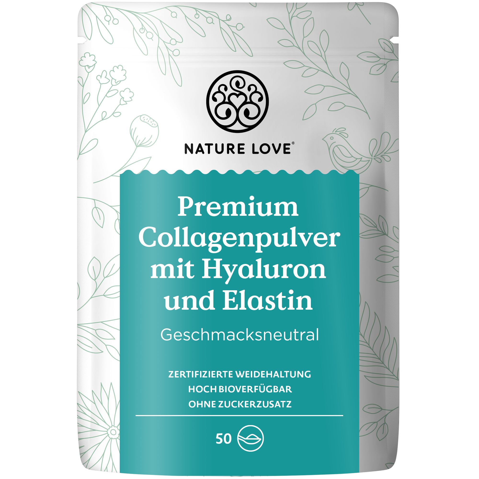 Beutel mit NATURE LOVE® Premium Collagenpulver. Türkis-weiße Verpackung mit Produktnamen und Logo. Zertifizierte Weidehaltung.