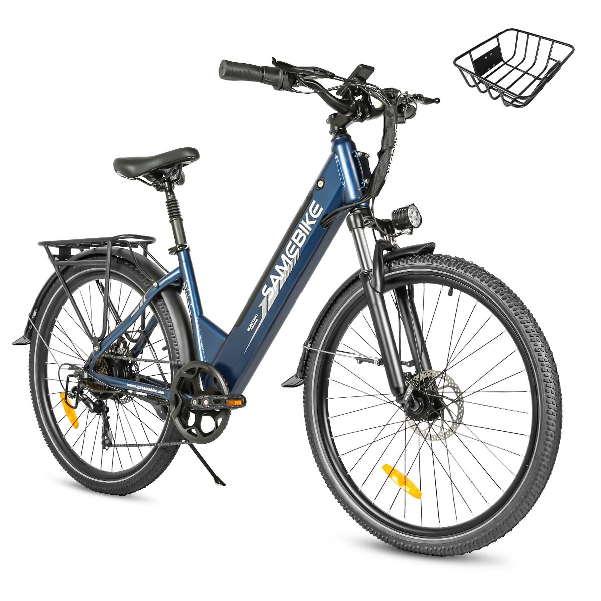 Blaues E-Bike mit Korb. Marke SAMEBIKE. Schwarze Reifen, Schutzbleche, Gepäckträger. Scheinwerfer und Rücklicht.