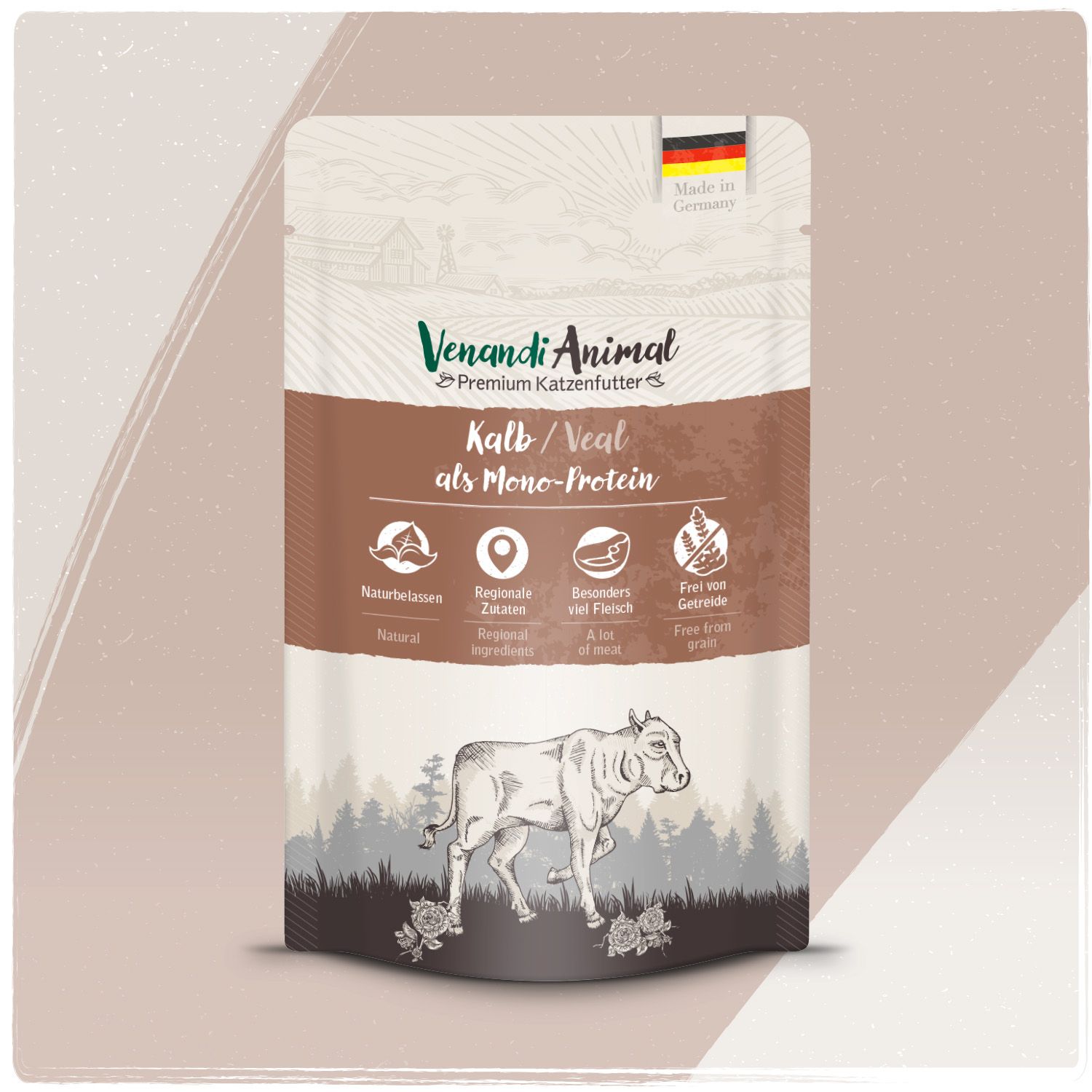Venandi Animal Kalb als Monoprotein Premium Katzenfutter Verpackung mit Kuh-Illustration und "Made in Germany" Hinweis.