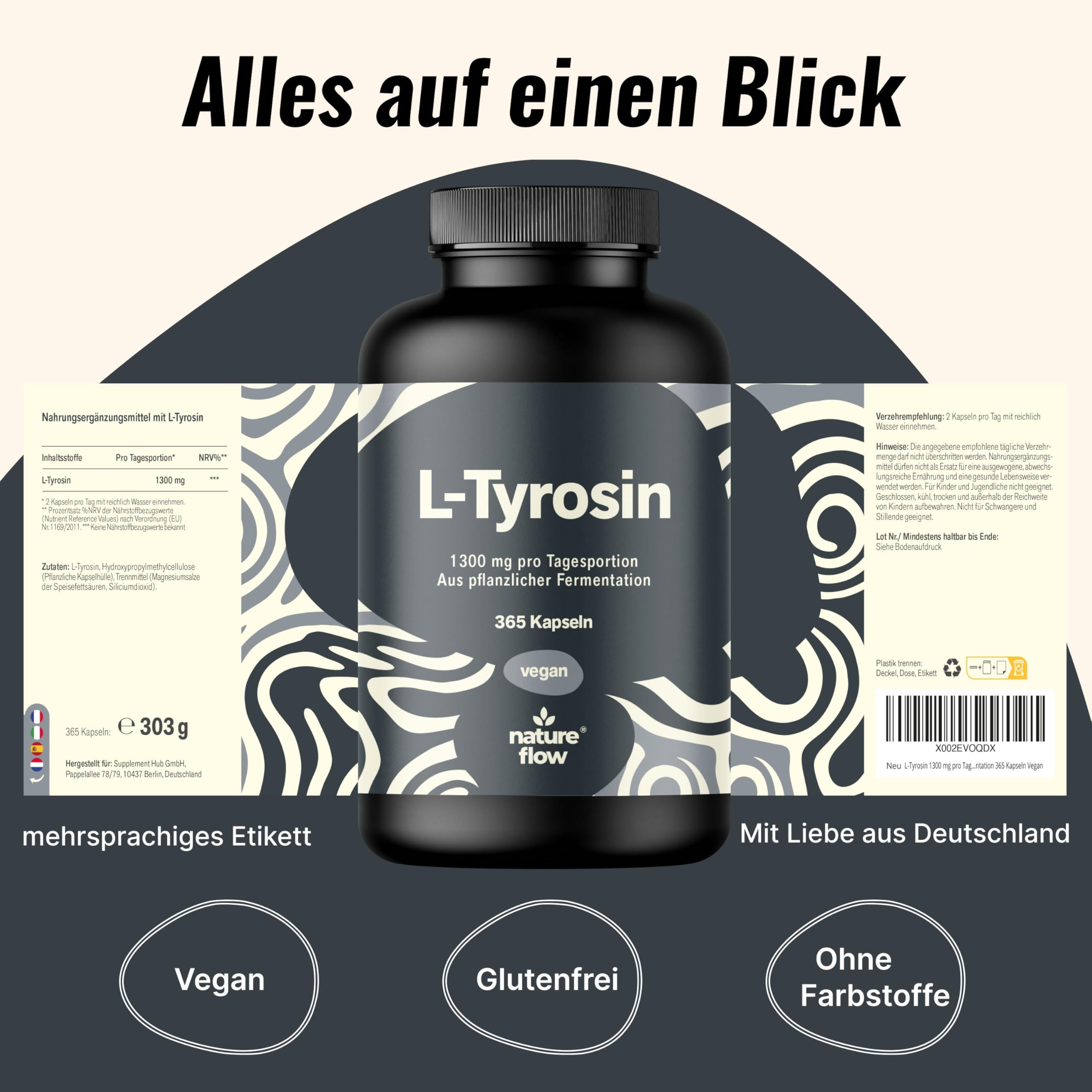 L-Tyrosin Kapseln Dose mit mehrsprachigem Etikett. Vegan, glutenfrei, ohne Farbstoffe.