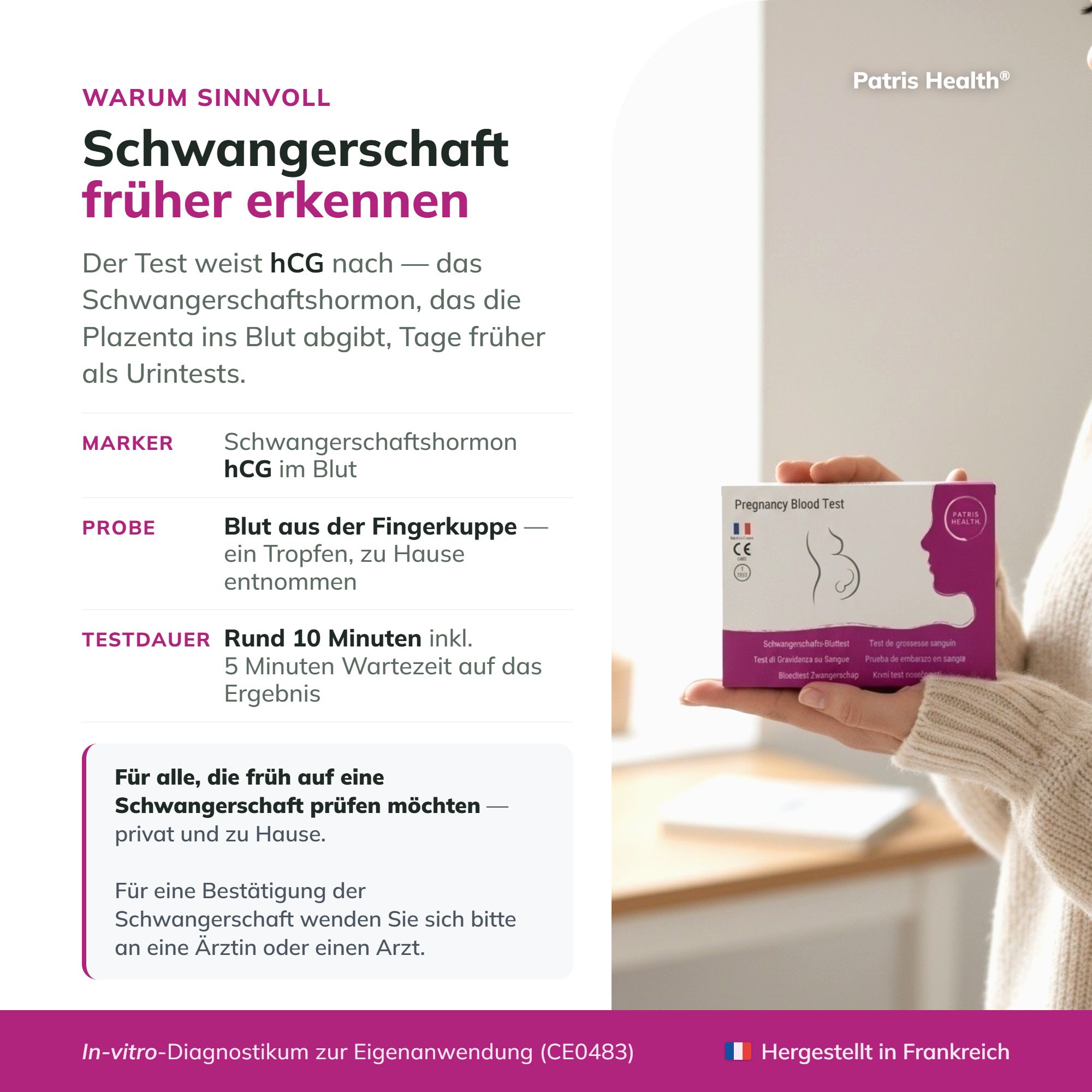 Frau hält eine Packung des Schwangerschaftstests Blut von Patris Health.