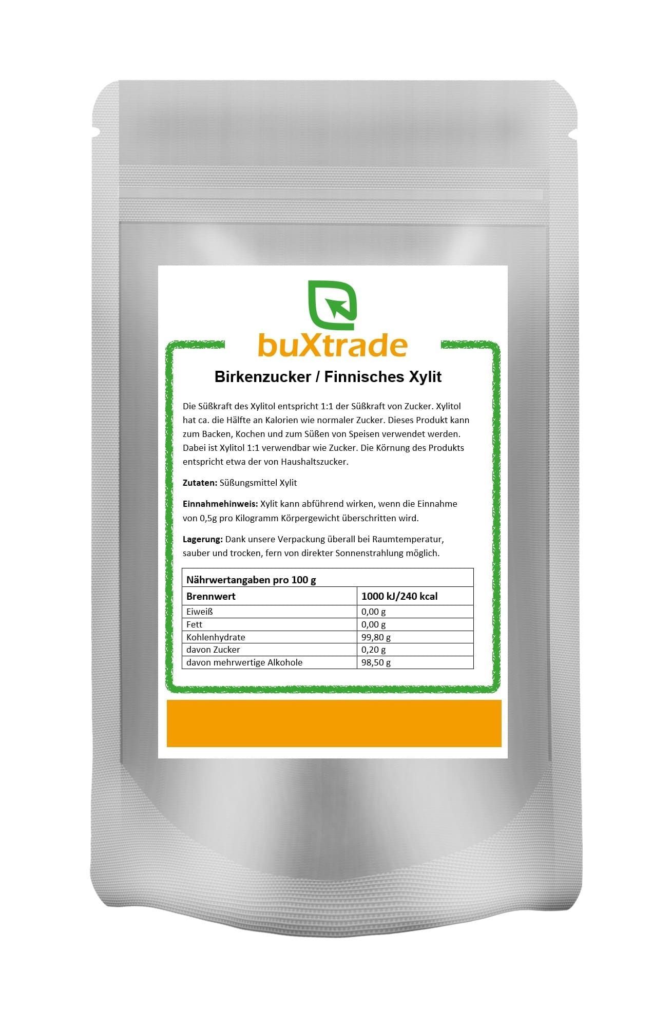 Beutel mit Birkenzucker/Finnischem Xylit. Aufdruck mit Nährwertangaben und Produktinformationen.