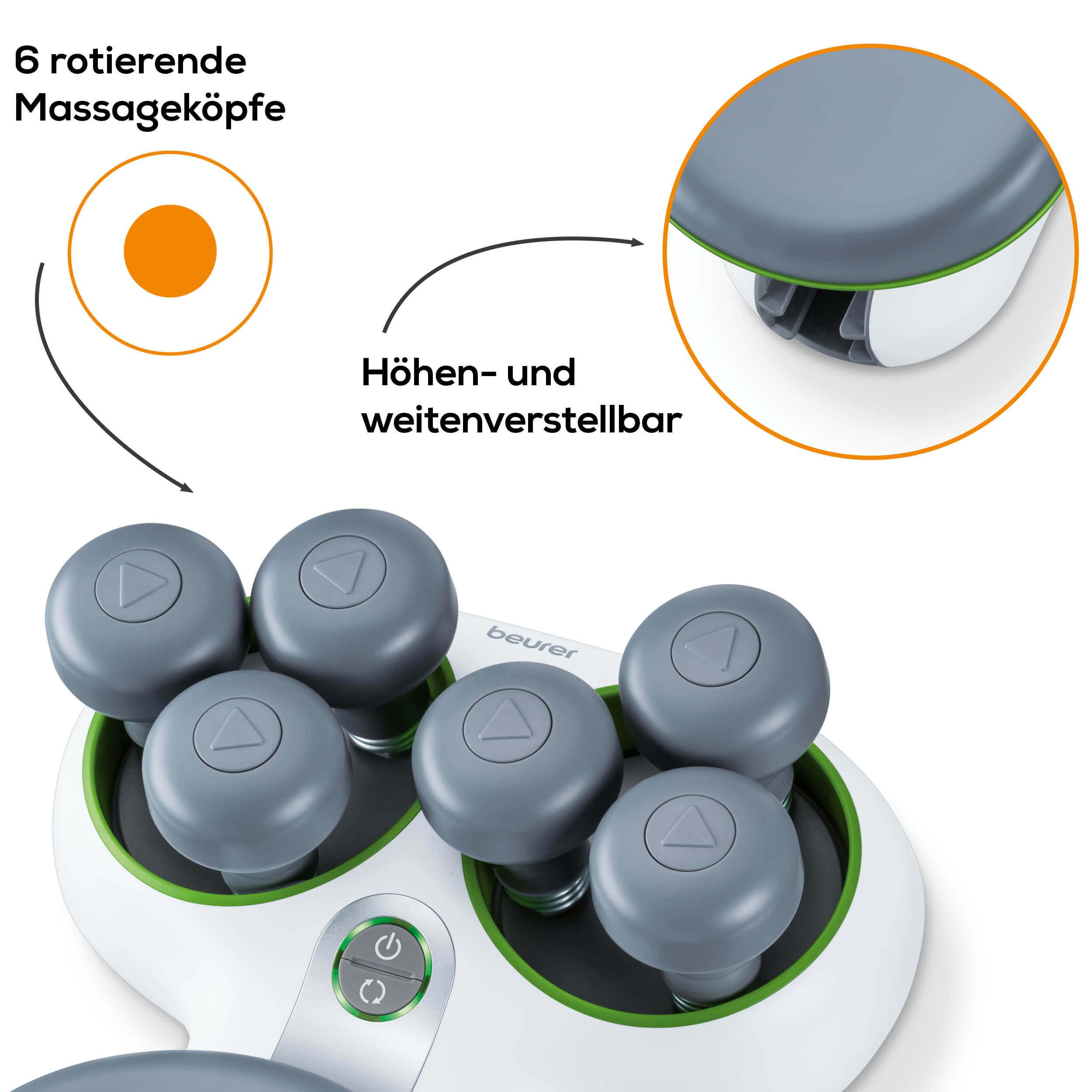 Weißes Massagegerät mit 6 grauen, rotierenden Massageköpfen. Höhen- und weitenverstellbar.