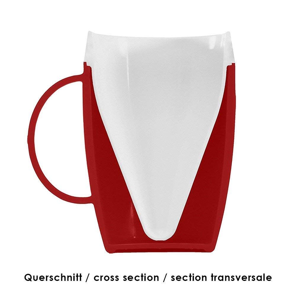 Querschnitt eines roten Bechers mit weißem Trinkaufsatz. Kleiner Henkel. Ovale Form.