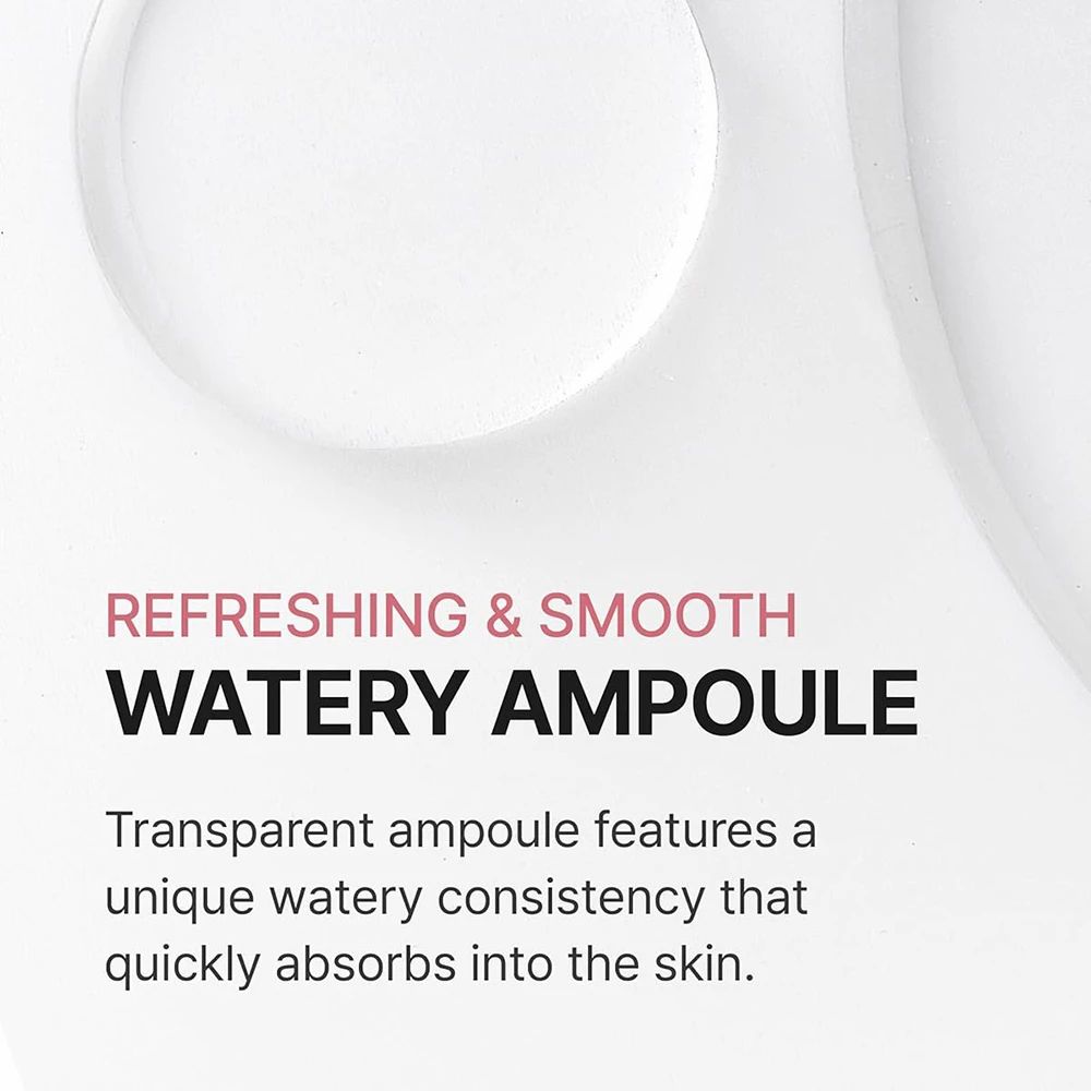 Text: REFRESHING & SMOOTH WATERY AMPOULE. Beschreibt die transparente Ampulle mit wässriger Konsistenz.