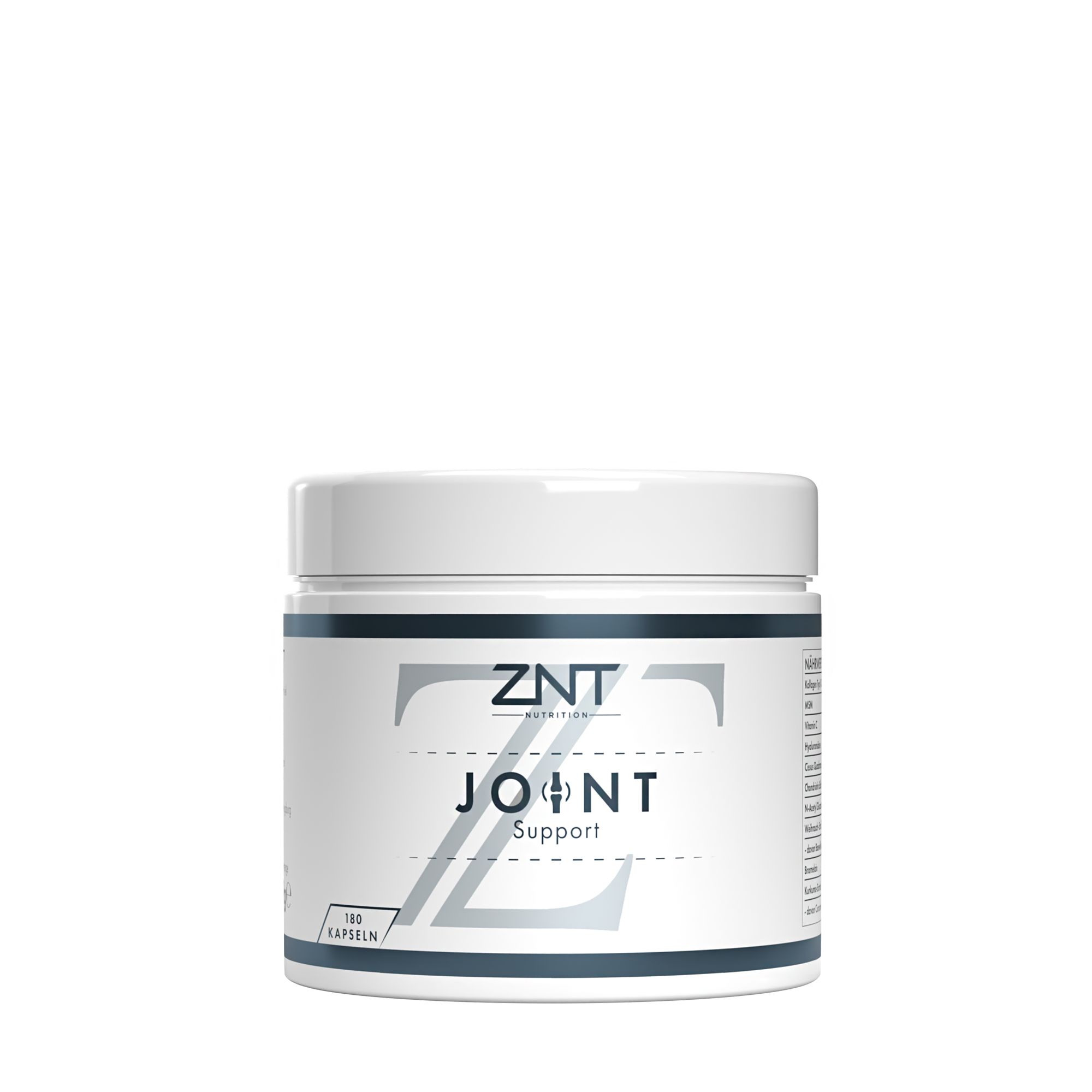 Weißes ZNT Nutrition Joint Support-Behälter mit blau-grauer Beschriftung. Aufschrift: JOINT Support. 180 Kapseln.