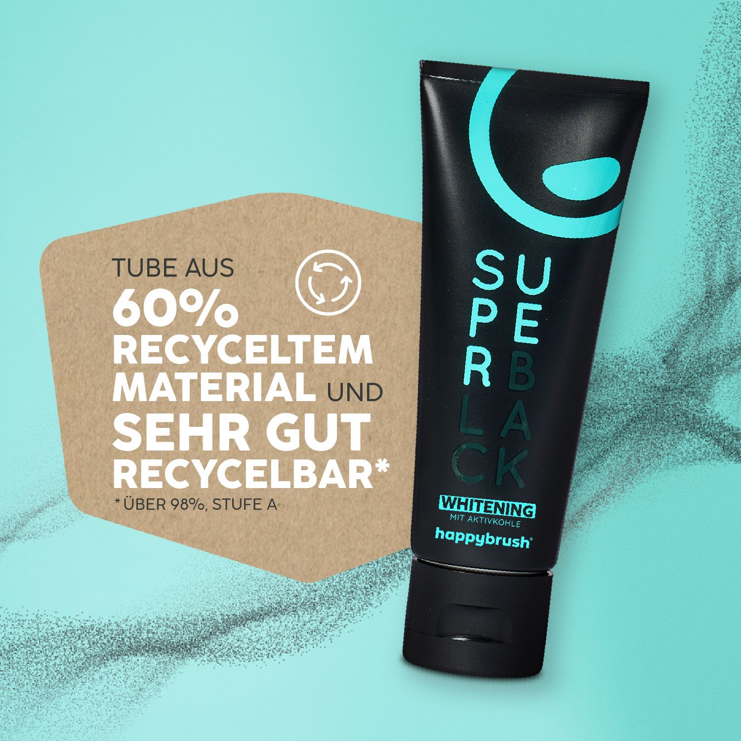 Zahnpasta-Tube. Text: Tube aus 60% recyceltem Material. Sehr gut recycelbar. Über 98%, Stufe A.