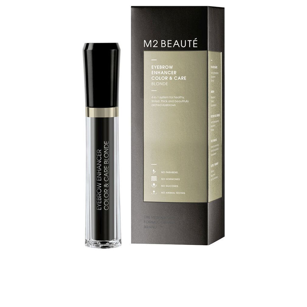 M2 Beauté Eyebrow Enhancer Color & Care, blonde. Schwarze Verpackung und Flakon. Schwarzer Deckel, transparente Hülse, blonde Farbe.