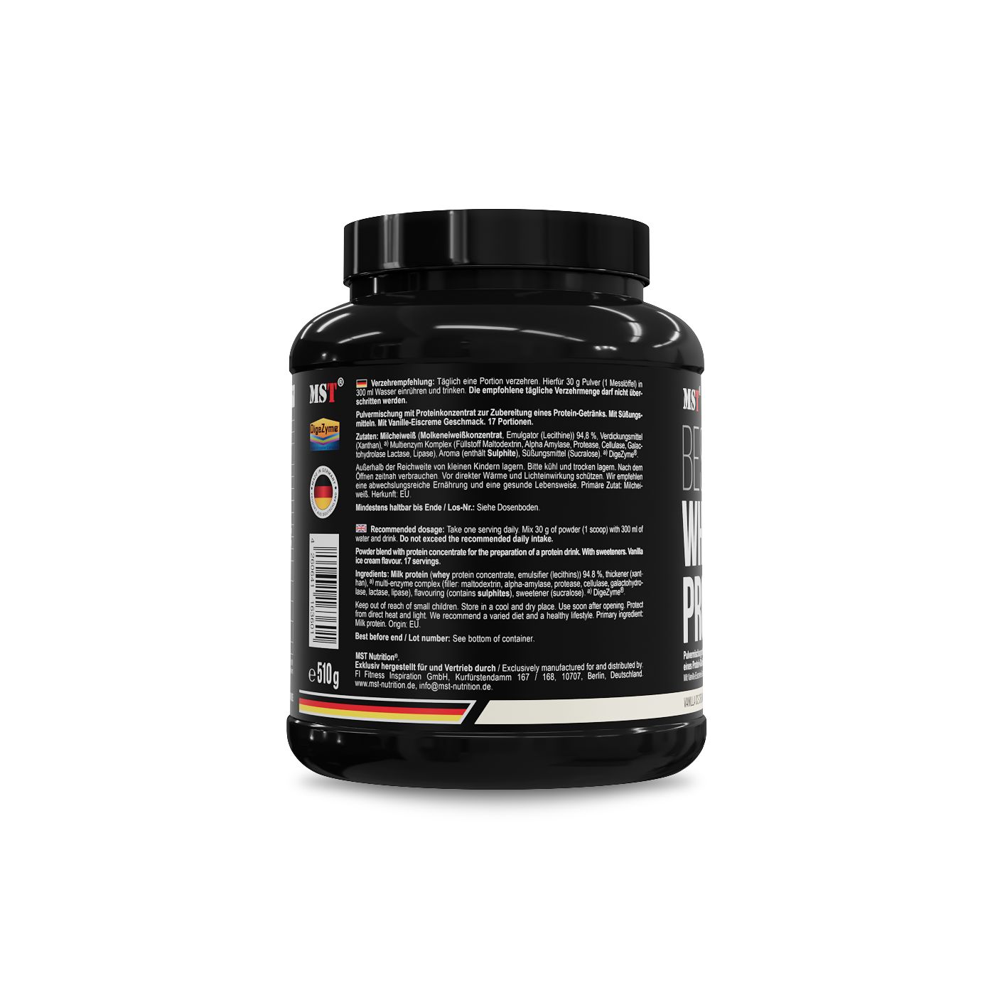 Rückseite der schwarzen Dose MST Best Whey Protein. Text mit Dosierungsempfehlung und Inhaltsstoffen.