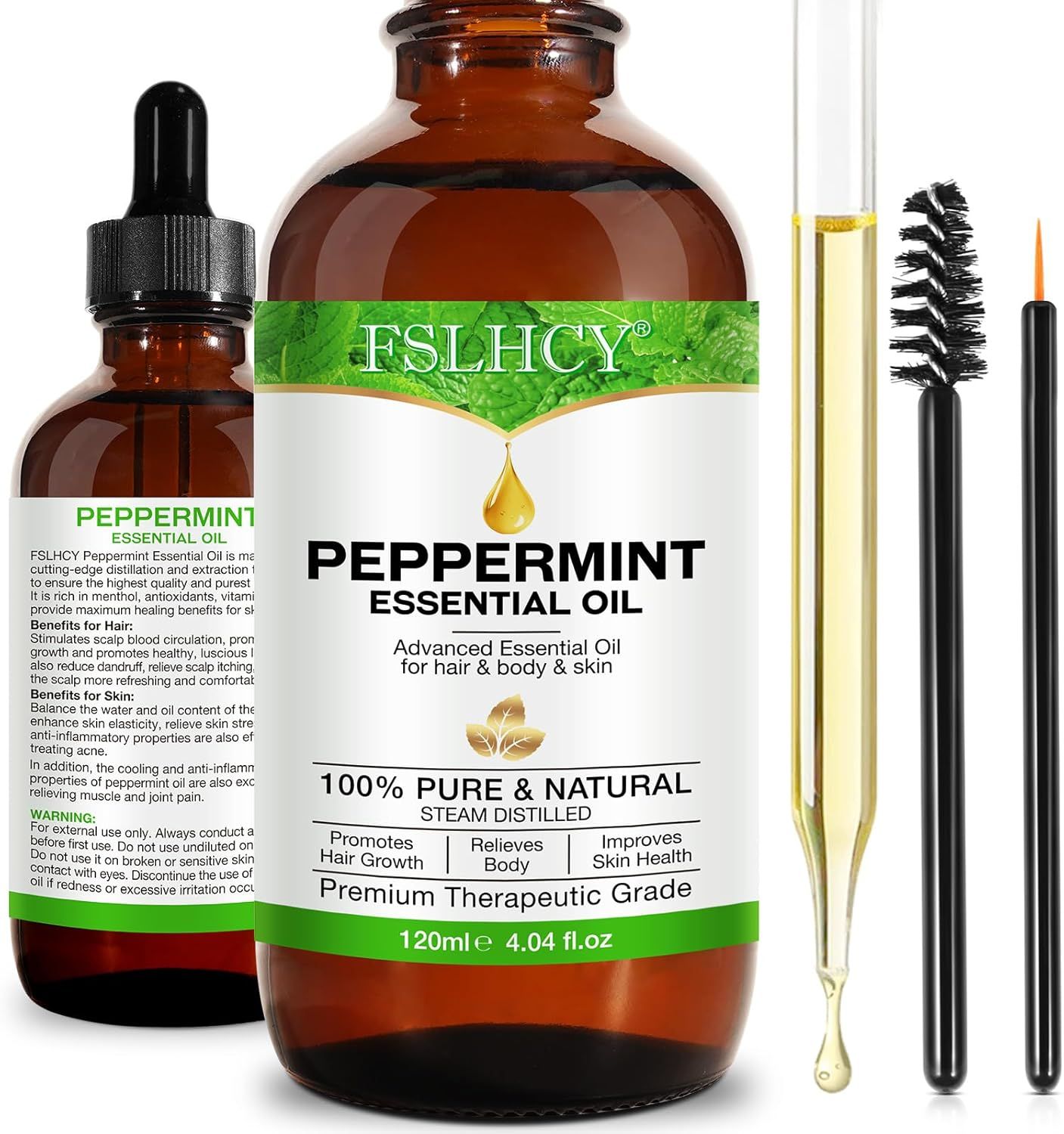 Braune Glasflaschen mit Etiketten. Eine Flasche mit Pipette, eine mit Schraubverschluss. Zusätzliche Applikatoren.