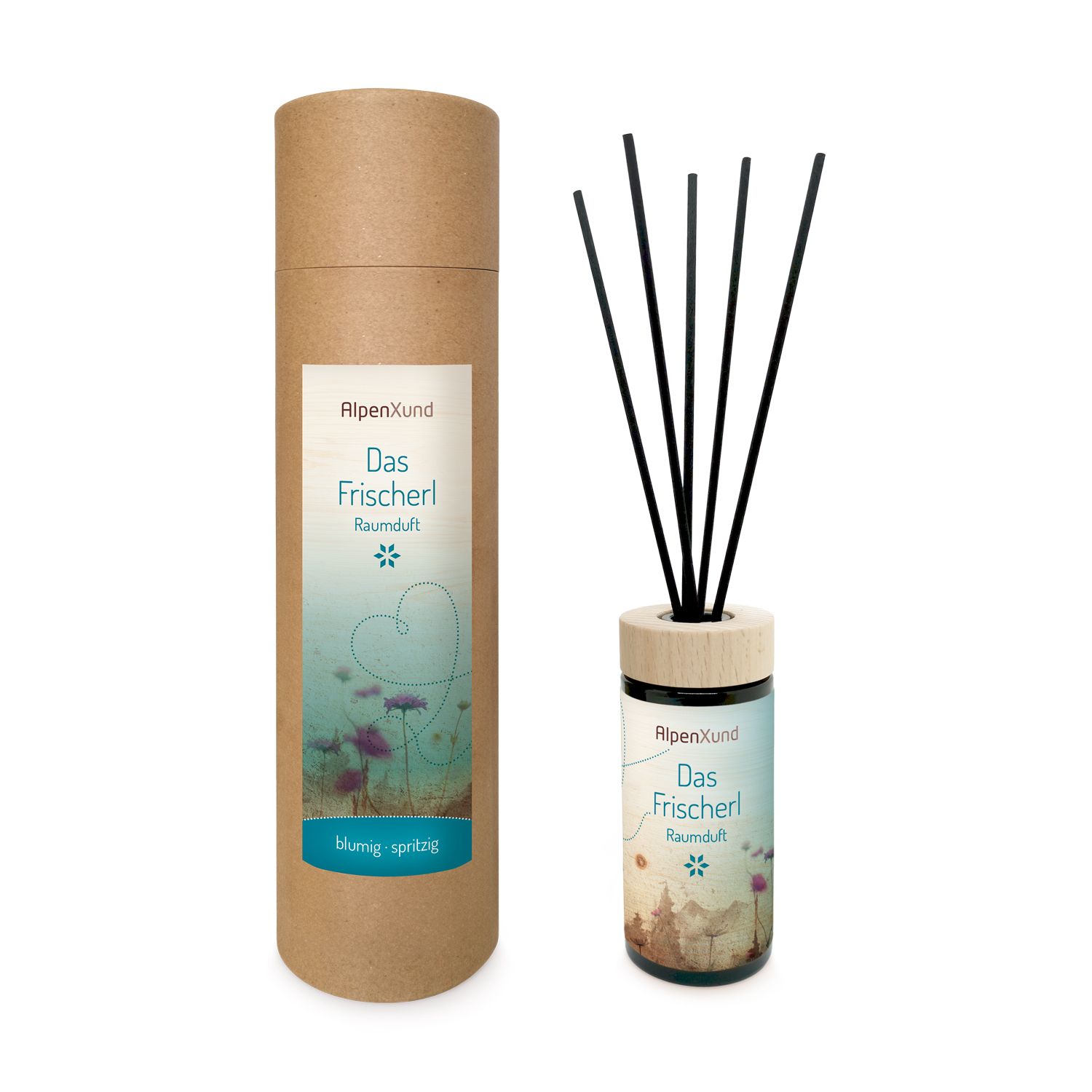 Flasche mit Stäbchen und zylindrischer Verpackung. Produktname und Logo aufgedruckt.