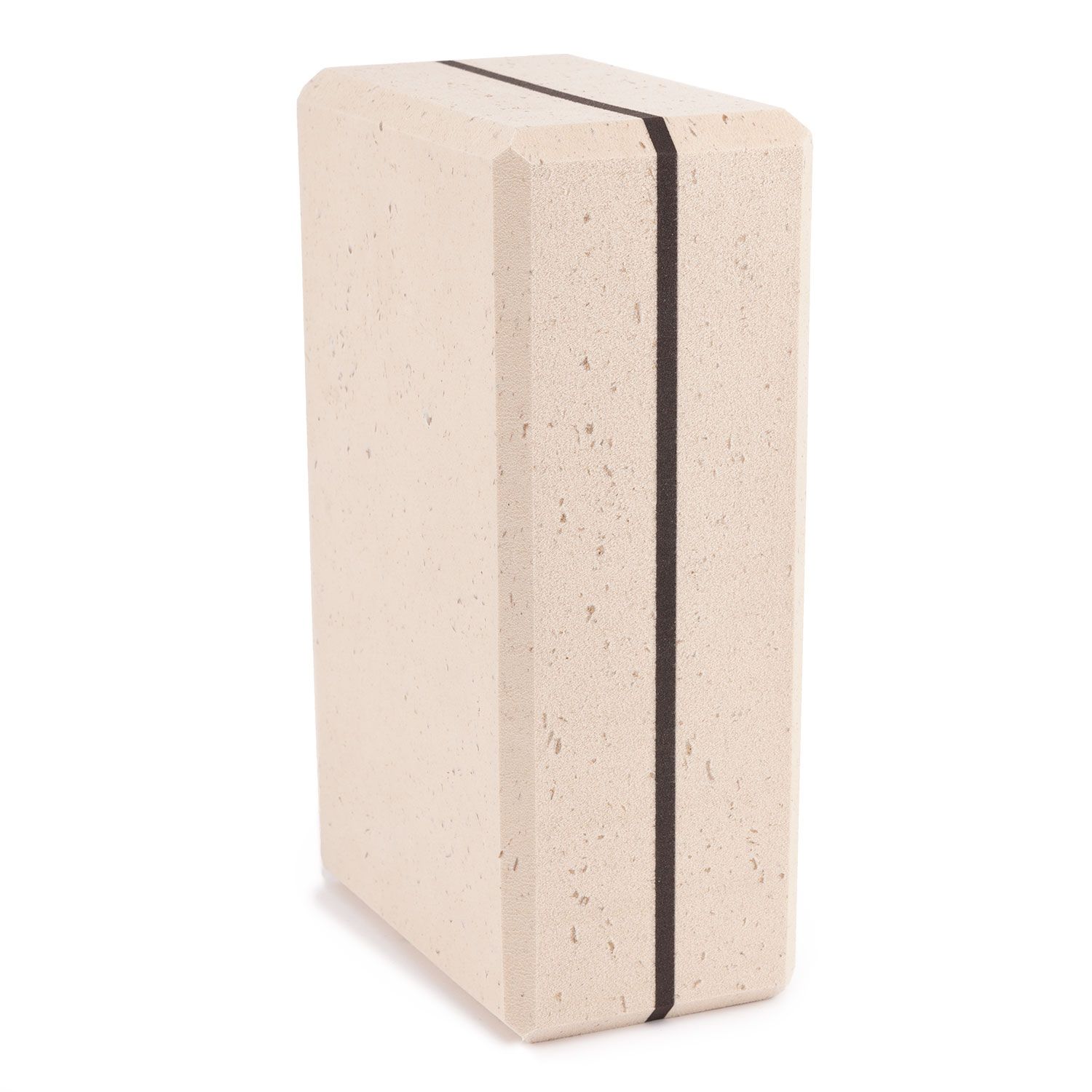 Beige Yoga-Block aus Bambus-Schaumstoff mit schwarzem Gurt. Rechteckige Form mit abgerundeten Kanten.