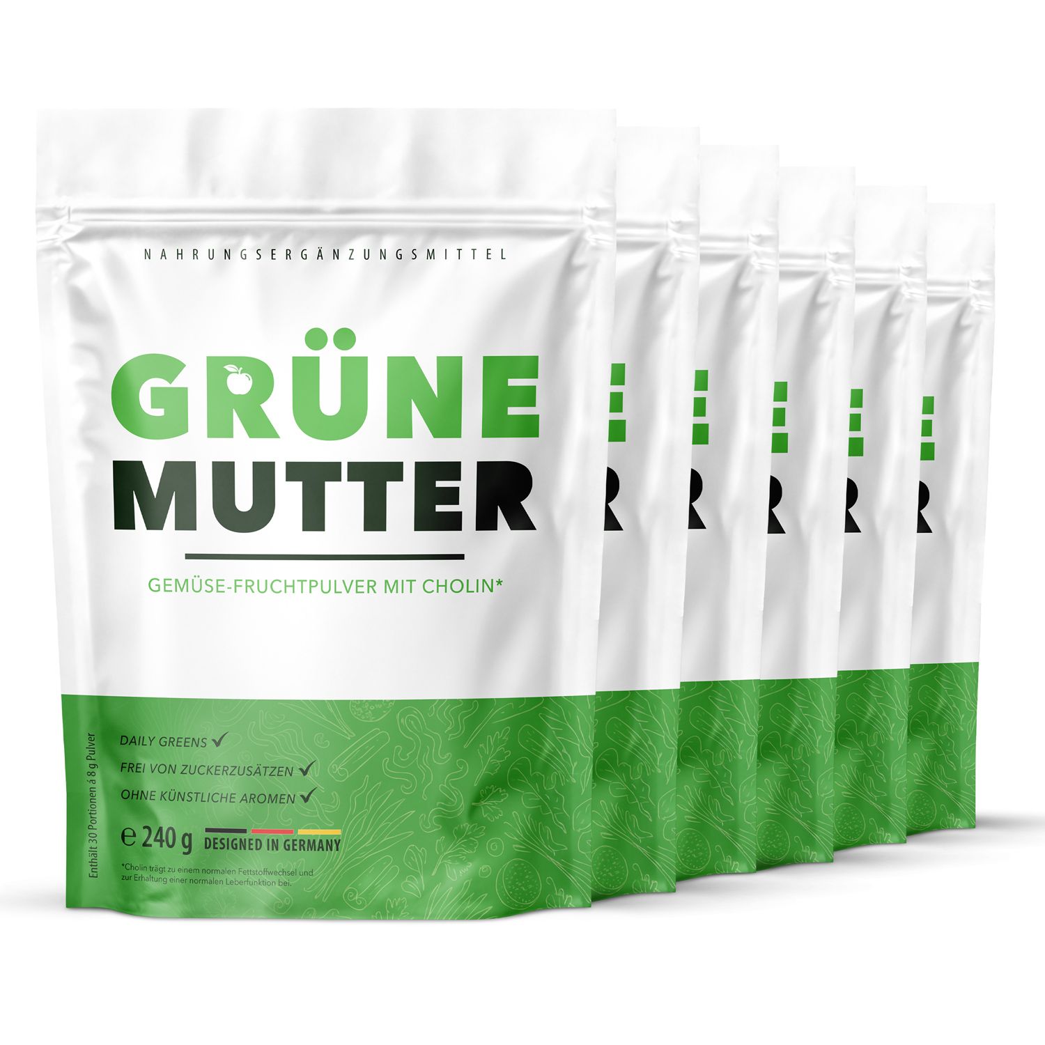 Sechs weiße Standbeutel mit grünem Etikett. Aufschrift: GRÜNE MUTTER. Text: Gemüse-Fruchtpulver mit Cholin. Anordnung: nebeneinander.